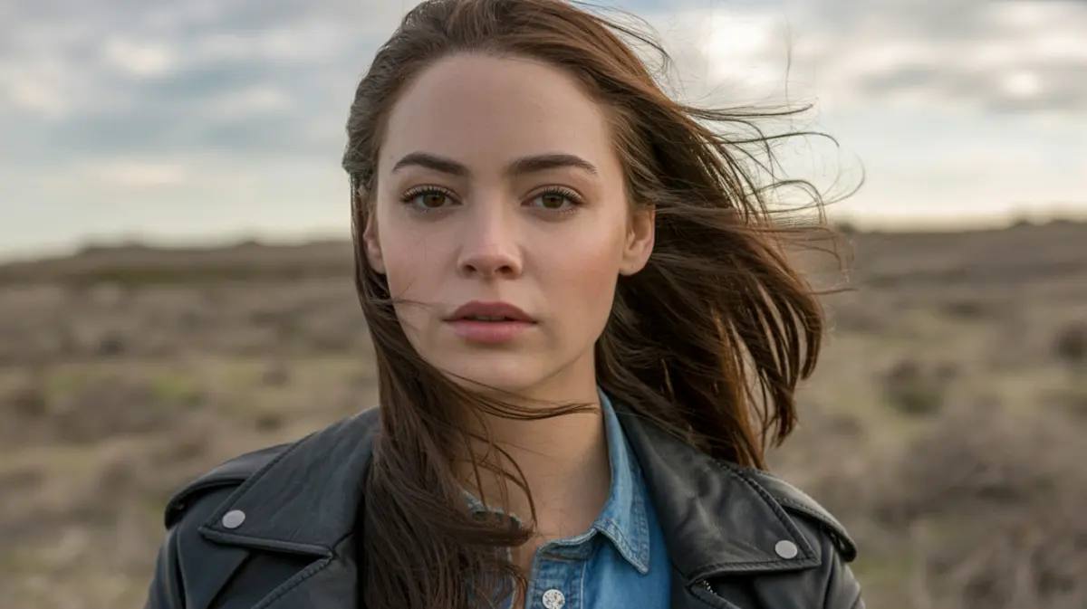 Ultra-realistic portrait of a young woman with windswept hair, wearing a leather jacket, golden hour lighting, 85mm lens, cinematic color grading, visible skin texture and pores