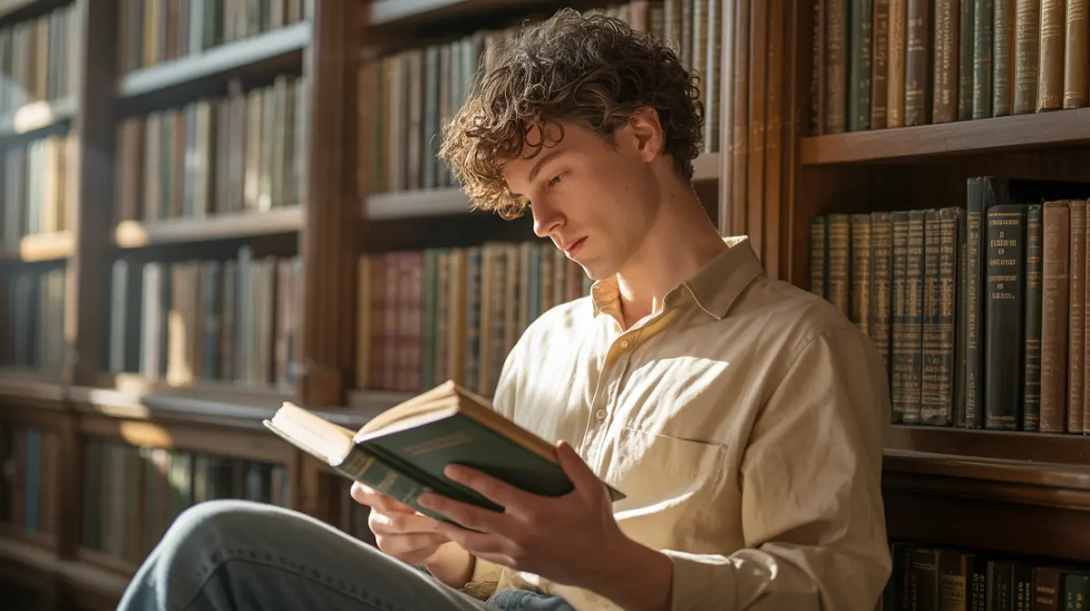Young man with curly hair reading a book in a vintage library, warm sunlight casting shadows, hyperrealistic detail, Leica-style lens