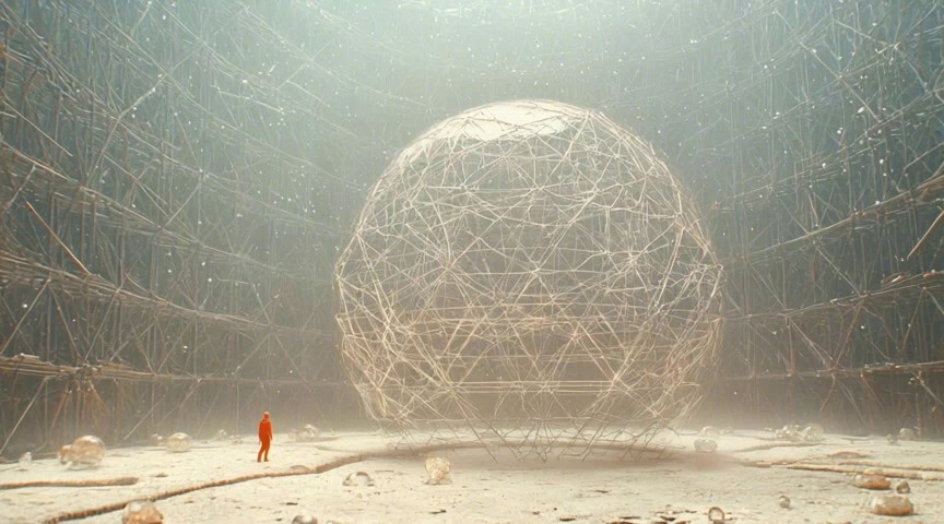 A cinematic, deeply dreamlike 12-second video, bringing the surreal atmosphere of the input image to life.\n\nThe scene opens holding on the vast, hazy space. The small figure in red stands dwarfed before the colossal wireframe sphere, surrounded by chaotic scaffolding, exactly as pictured.\n\nEthereal movements slowly animate the scene over the full 12 seconds: Thick, swirling mist or fog perpetually ebbs and flows through the structure, constantly obscuring and revealing different parts. Countless tiny, self-luminous particles drift lazily and continuously through shifting beams of soft, diffuse light from above. The wireframe sphere seems to hum silently and subtly shimmers throughout.\n\nMidway through (around 6s), the small figure in red, who has been mostly still, slowly turns their head fully around, scanning the incomprehensible, infinite environment with a look of utter bewilderment. They take one hesitant step in a new direction, then stop again, looking completely lost.\n\nCamera: A very slow, continuous, disorienting orbital pan or a steady, almost imperceptible backward dolly zoom over the full 12 seconds, emphasizing the immense scale and the feeling of being trapped in an unreal, M.C. Escher-like dreamscape.\n\nStyle: Photorealistic render, surreal, dreamlike, mysterious, high detail, perpetual slow motion feel on mist/particles.