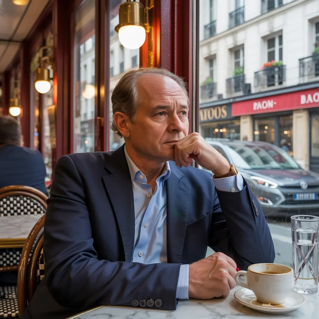 A middle-aged man sitting by a window in a Parisian café, moody lighting, warm tones, high-detail wrinkles and textures, photorealistic