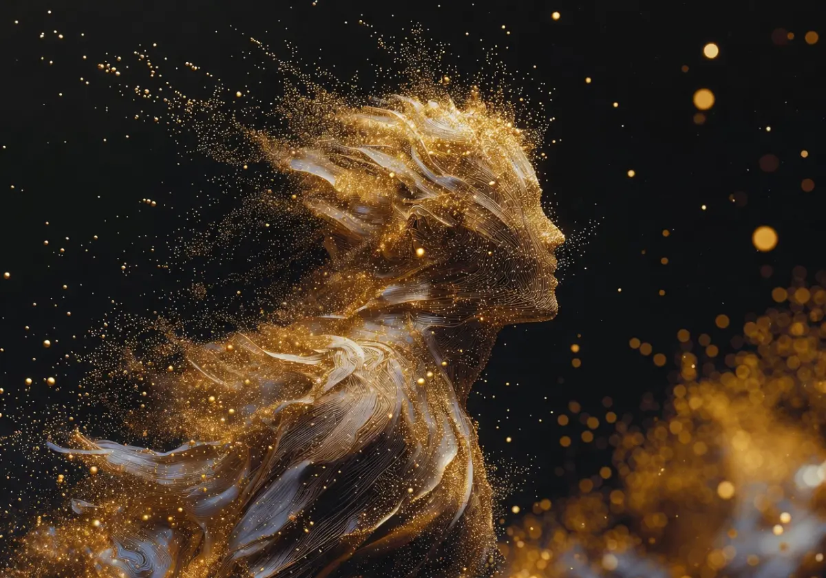 Abstract human silhouette, golden particles ready to burst outward representing joy, data visualization style, emotional expression through particles, artistic scientific