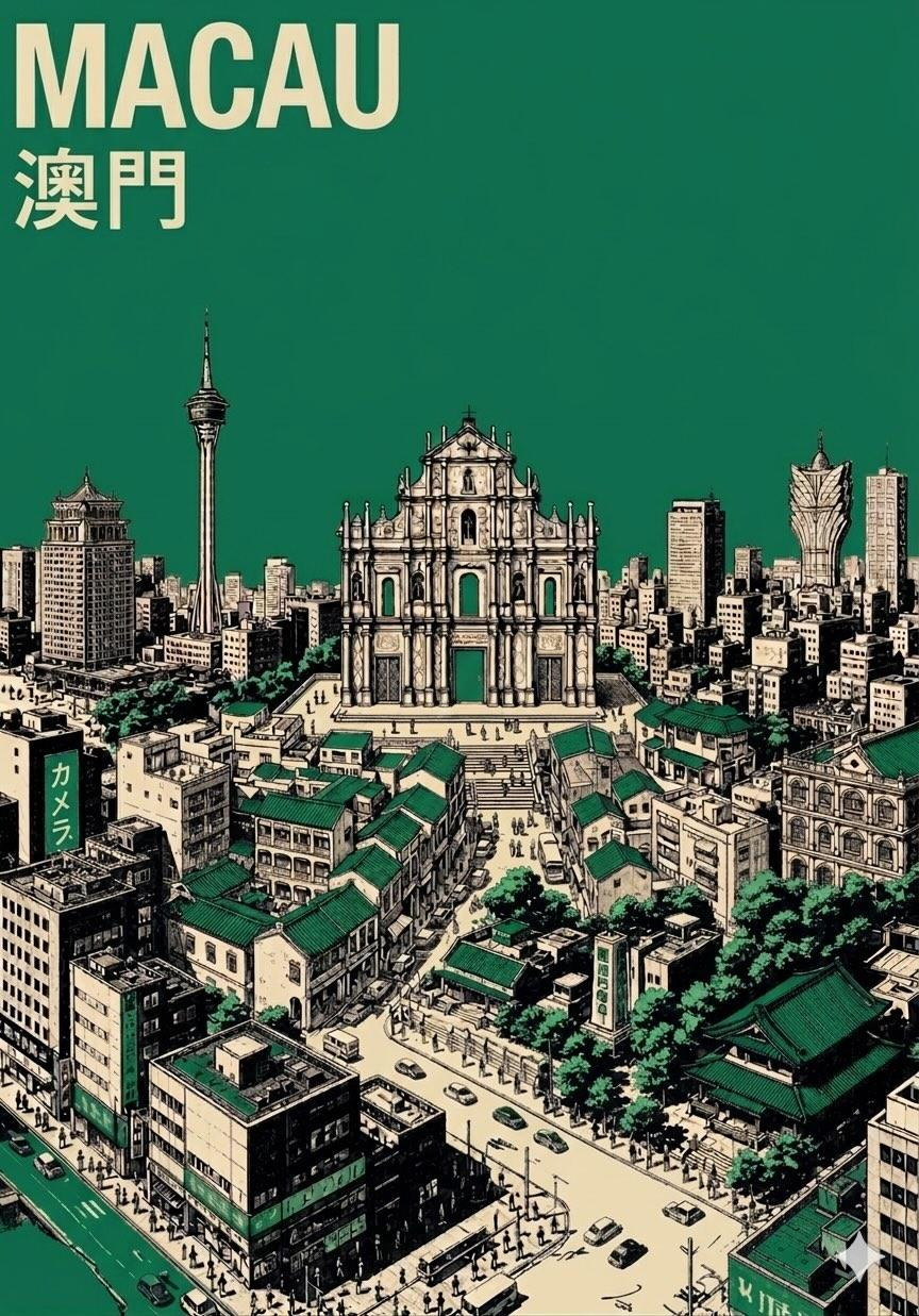 Create a vertical mid-century travel poster for [CITY NAME] featuring [LANDMARK]. Use a strict 3-color palette: cream paper, black technical linework, and [COLOR].
Style: Minimalist isometric bird's-eye view with ultra-fine hatching and screen-print texture.
Color usage: Solid flat [COLOR] for the entire sky and small accents on roofs or streets. No gradients.
Text: Bold sans-serif "[CITY NAME]" at top in cream, with the local language name in smaller cream text below.
