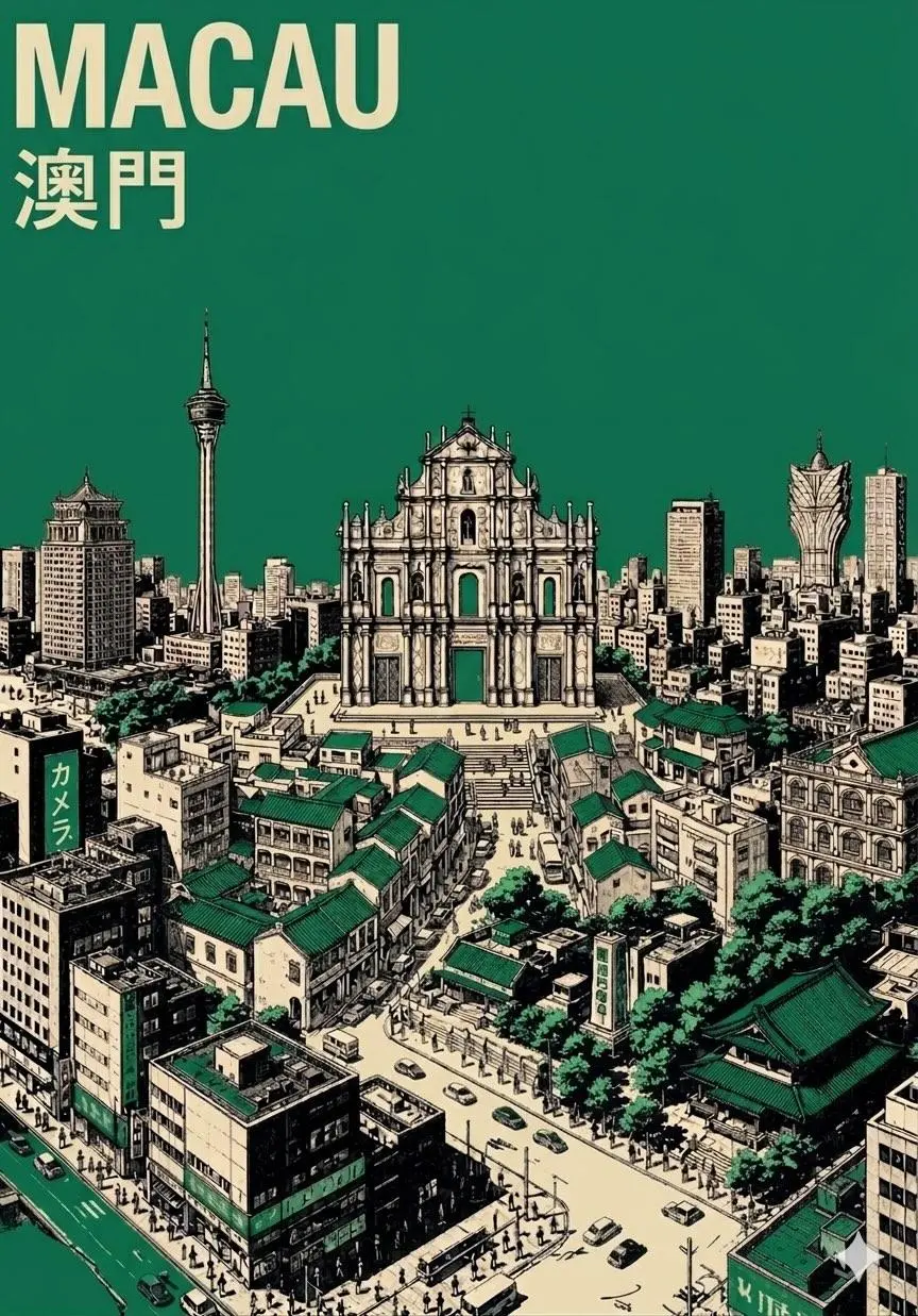 Create a vertical mid-century travel poster for [CITY NAME] featuring [LANDMARK]. Use a strict 3-color palette: cream paper, black technical linework, and [COLOR].
Style: Minimalist isometric bird's-eye view with ultra-fine hatching and screen-print texture.
Color usage: Solid flat [COLOR] for the entire sky and small accents on roofs or streets. No gradients.
Text: Bold sans-serif "[CITY NAME]" at top in cream, with the local language name in smaller cream text below.