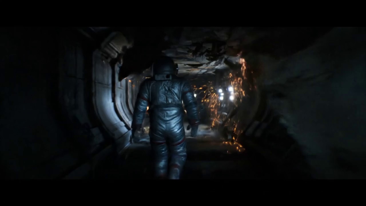 A lone astronaut in a dark silver suit walks through a narrow corridor inside a damaged space station. Sparks fall from the ceiling, flickering lights cast dynamic shadows on the metallic walls. The camera slowly dollies forward, then cuts to a side close-up as the astronaut turns their head, revealing a cracked helmet visor. A subtle glow from Earth is visible through a distant window.