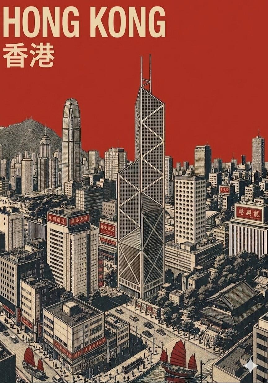 Create a vertical mid-century travel poster for [CITY NAME] featuring [LANDMARK]. Use a strict 3-color palette: cream paper, black technical linework, and [COLOR].
Style: Minimalist isometric bird's-eye view with ultra-fine hatching and screen-print texture.
Color usage: Solid flat [COLOR] for the entire sky and small accents on roofs or streets. No gradients.
Text: Bold sans-serif "[CITY NAME]" at top in cream, with the local language name in smaller cream text below.
