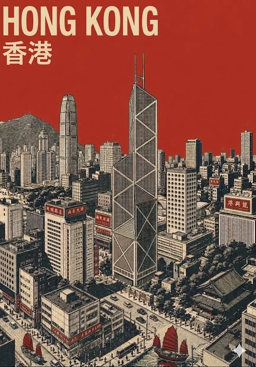 Create a vertical mid-century travel poster for [CITY NAME] featuring [LANDMARK]. Use a strict 3-color palette: cream paper, black technical linework, and [COLOR].
Style: Minimalist isometric bird's-eye view with ultra-fine hatching and screen-print texture.
Color usage: Solid flat [COLOR] for the entire sky and small accents on roofs or streets. No gradients.
Text: Bold sans-serif "[CITY NAME]" at top in cream, with the local language name in smaller cream text below.
