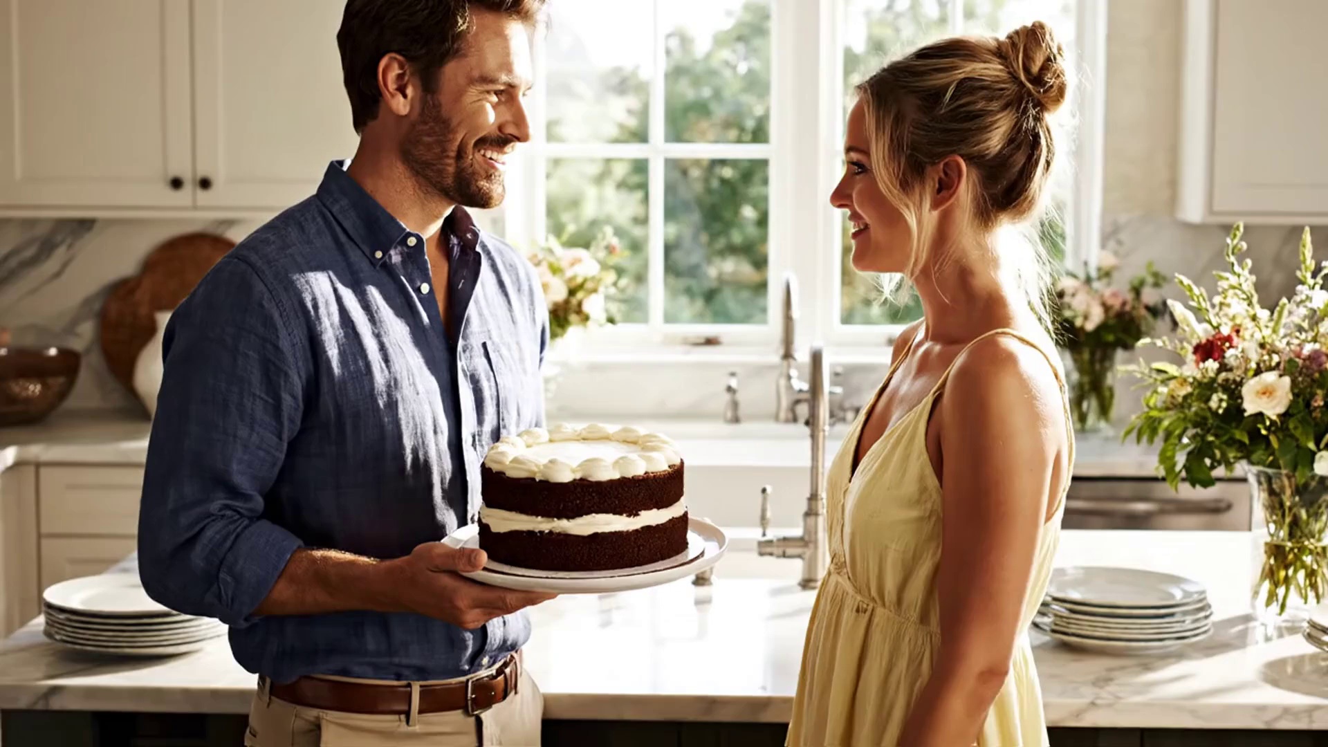 The woman eats the cake