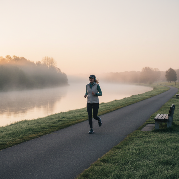 A jogger running along a riverside path in the early morning, wearing sportswear, light fog over the water.