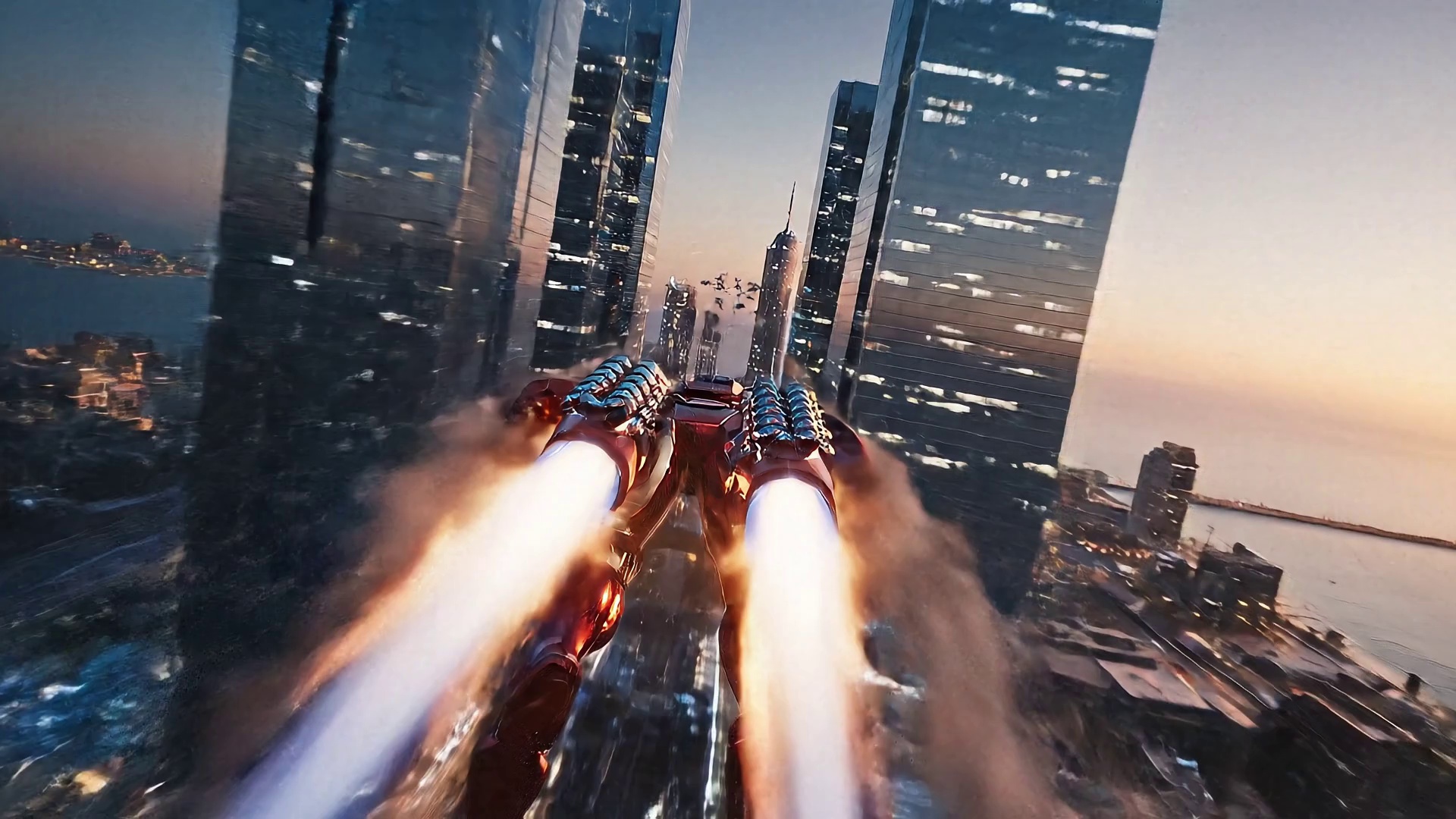 An intense “Iron Man” battle sequence at dusk over a futuristic coastal city. The camera starts on a wide aerial of the skyline, then whips to a dynamic tracking shot as Iron Man rockets past, afterburners flaring, contrails curling. He barrel-rolls between glass towers, micro-missiles bloom and target lock HUD elements flicker on the visor. Enemy drones swarm; Iron Man brakes mid-air, deploys repulsor shields, then punches through a drone, debris scattering in glowing arcs. Cinematic lighting with warm sunset rim light + cool blue city bounce. Motion is fast but readable, no jelly artifacts. Smoke, sparks, and heat shimmer read clearly. Final beat: hero hover facing camera, palms glowing, city behind in bokeh.
Camera & Style: whip-pan, parallax, 35–70mm range, subtle handheld energy; crisp, high-contrast, filmic grade.
Audio cues: roaring jet, metal whine, repulsor blast thump, distant city ambiance.
Negatives: no rubbery armor, no extra limbs, no warped buildings, avoid excessive bloom.
