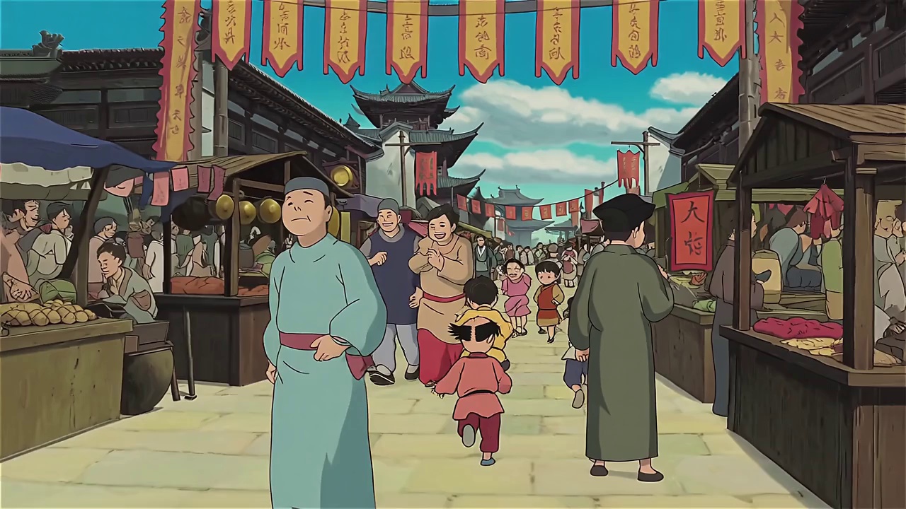 Studio Ghibli anime style, a bustling ancient Chinese market, streets are crowded with people, vendors are shouting their wares, and children are chasing each other playfully. The background features traditional architecture and waving banners. The camera moves through the crowd in a first-person perspective. Sound: A cacophony of human voices, including vendor calls, customer haggling, and children's laughter. In the background, there are sounds of gongs, distant opera music, and the general din of footsteps and objects. The background music is a lively and festive traditional Chinese folk tune.