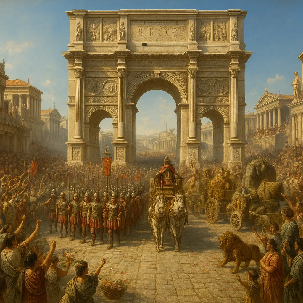A grand, panoramic view of an ancient Roman triumphal procession entering the city through a massive marble arch. Thousands of cheering citizens line the streets. Legions of soldiers march in perfect formation, followed by chariots and exotic animals. Bright sunny day, highly detailed, historical painting style.
