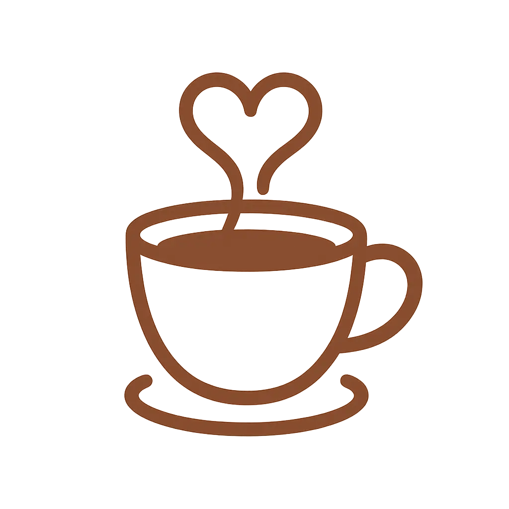 Simple, clean vector logo concept for a cozy neighborhood cafe. A stylized, hand-drawn coffee cup emitting steam that forms into a subtle heart shape. Warm brown and cream color palette. Flat design, white background.