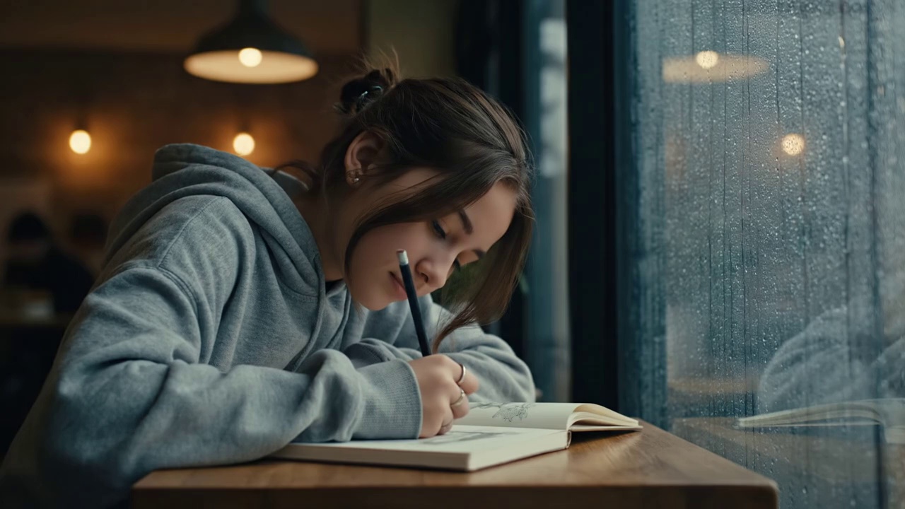 A teenage girl sketching in a notebook at a café window, rain tapping on the glass. Lo-fi music plays faintly. She whispers: "I just want to draw forever..."