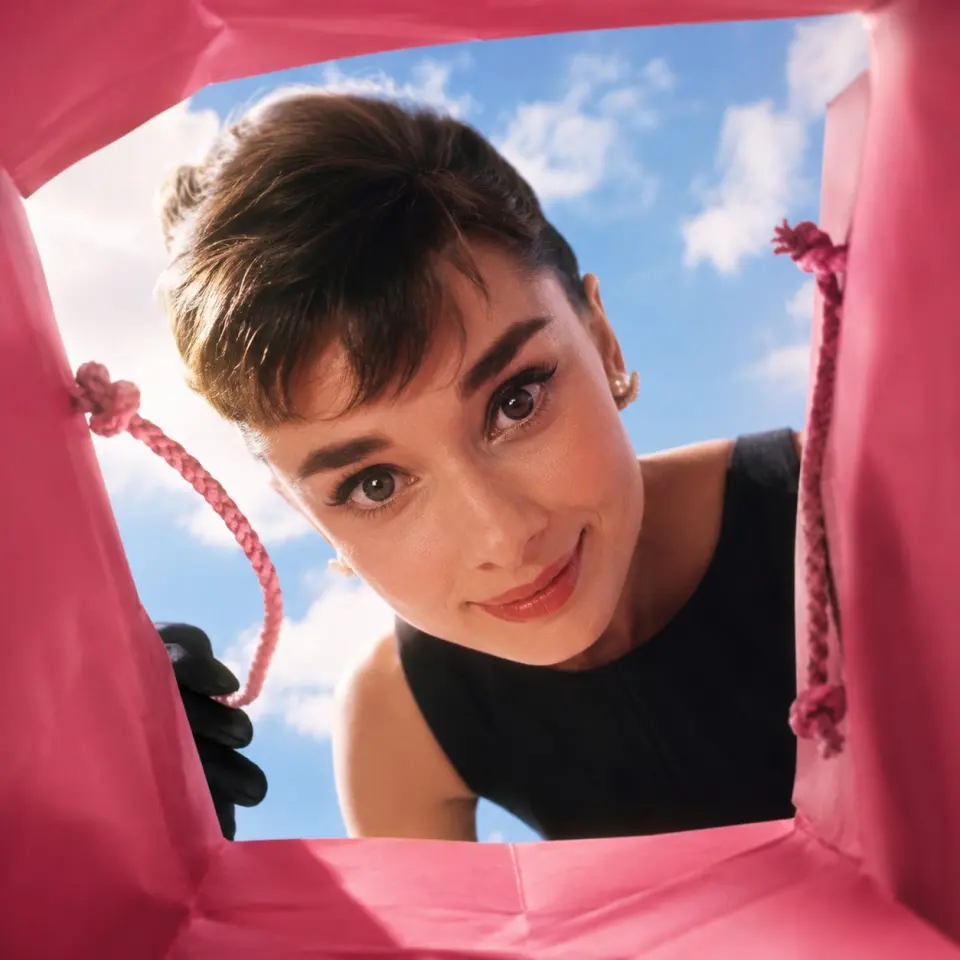 Create a vibrant, adorable, high-end advertising photo shot from inside a shopping bag, looking upward through the wide open top toward the sky.

The camera is placed deep inside the shopping bag, using a wide-angle lens at f/1.4 to create a playful close-up perspective with slight but charming wide-angle distortion. This distortion is important and must be clearly preserved, giving the image a fun, immersive, premium-advertising feel. The edges of the shopping bag should naturally frame the image, showing premium paper texture, soft folds, handles, and a clean commercial packaging aesthetic.

The shopping bag should be a high-saturation color, with the model randomly choosing a vivid tone such as hot pink, saturated yellow, blood orange, cobalt blue, vivid green, electric purple, deep cyan, or other bold commercial colors. The overall image should feel bright, cheerful, colorful, and visually striking.

Main subject:
If FACE_REF is uploaded:
Strictly preserve the uploaded person’s facial identity with 100% fidelity. Maintain the exact facial structure, eyes, eyelids, nose, lips, jawline, cheekbones, skin texture, age impression, hairstyle tendency, and overall identity. No beautification drift, no face reshaping, no age change, no ethnicity change, and no invented features.

If only PERSON_NAME is provided:
Create a highly recognizable portrait based on the public image of [周星驰], preserving their iconic facial features, hairstyle, expression tendency, posture, and personal aura as faithfully as possible.

The person leans deeply into the shopping bag from above, fully immersing their head into the opening as if curiously discovering something inside. Their face is very close to the camera lens, looking directly into it with wide, soulful, endearing eyes and a warm, adorable expression. The pose should feel playful, intimate, and heart-melting, as if they are curiously peeking into the bag and unexpectedly making eye contact with the viewer.

Lighting should feel bright, natural, and uplifting, with soft sunlight from the sky above. The image should maximize cuteness, charm, and “aww” factor while still feeling like a polished luxury advertising photo. The final result should instantly make the viewer smile.