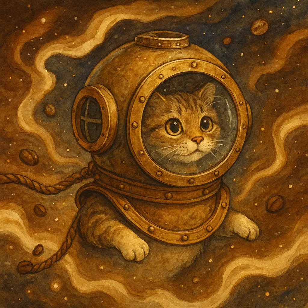 A cat astronaut wearing a vintage diving helmet, floating in a sea of swirling coffee and cream nebula. Whimsical illustration.