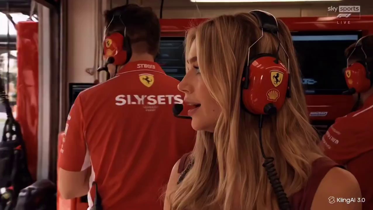 Ultra-realistic F1 live TV broadcast screenshot, identity preserved exactly from reference image.

Young woman sitting in the VIP paddock / team garage during a Formula 1 race, shown on the official live race broadcast as the girlfriend of an F1 driver. It is the final lap, and she is listening to the team radio through a professional racing headset, watching the garage monitors nervously, leaning forward with one hand near her mouth, proud tense expression.

She wears a fitted white tank top, oversized racing team jacket draped over her shoulders, large black team-radio headset with boom mic, gold jewelry, soft glam makeup. A slim paddock pass hangs naturally from her neck. 

Add realistic F1 broadcast graphics: “FINAL LAP” banner, lap counter showing final lap, driver timing tower on the left, small F1-style logo bug, “LIVE” indicator, lower-third identifying her as driver partner / paddock guest. No fake oversized badge, no selfie angle.

Team staff, headsets, garage screens, mechanics, and race equipment blurred around her. Telephoto broadcast camera from across the garage, compression artifacts, digital noise, bright paddock lighting, natural skin texture, no smoothing, 8k quality