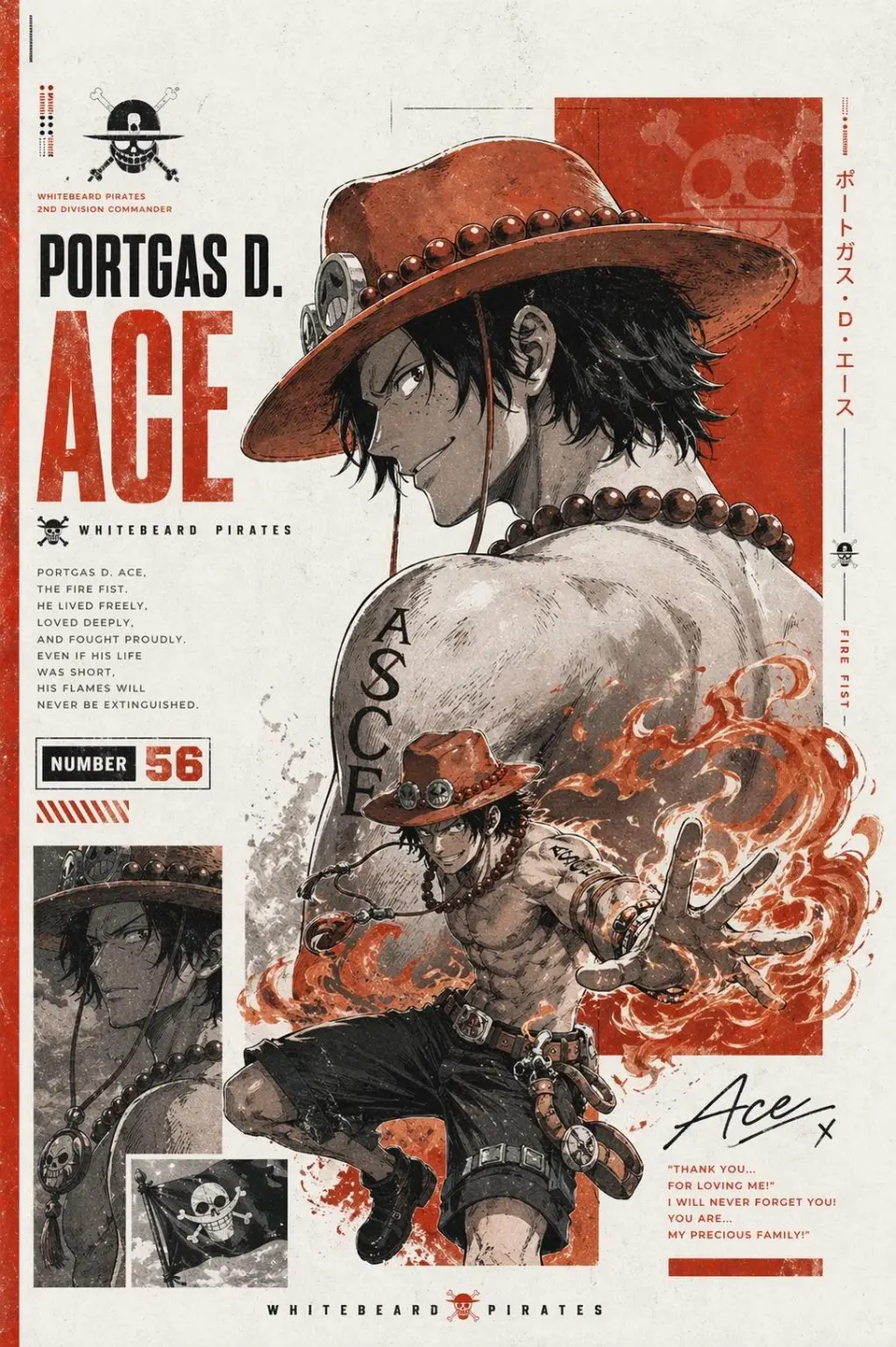 Epic anime character poster design inspired by classic manga cover layouts, featuring a powerful pirate warrior in dynamic pose, highly detailed ink-style illustration, bold typography with large character name, Japanese vertical text elements, monochrome textured shading with strong accent color theme (red, blue, or orange), layered collage composition with close-up portrait, action pose, small cinematic panels, pirate crew symbols and emblems, distressed paper texture, gritty manga aesthetic, dramatic lighting, sharp line art, intense facial expression, dynamic energy effects like flames, smoke, haki aura or water splashes, collectible anime poster style, editorial graphic layout, high contrast black-and-white tones with selective color highlights, ultra detailed, masterpiece quality, vertical poster composition, modern manga art style, vintage print grain, anime promotional artwork.