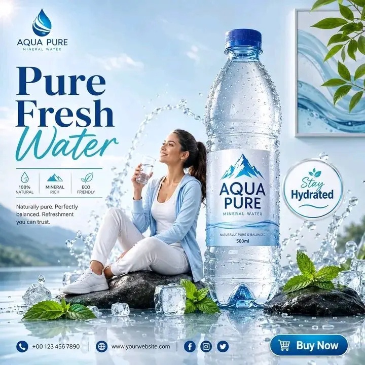 Create a creative commercial advertising poster for [PRODUCT NAME], a [PRODUCT TYPE], inspired by vibrant tropical product campaigns. Place the product as a large hero object on the center-right with realistic glossy reflections, sharp label details, and premium lighting. Add a stylish model sitting beside or slightly in front of the product, naturally interacting with it by [MODEL ACTION]. The model should look [MOOD], wearing [OUTFIT STYLE], and should not cover the product label.
Use a bold [COLOR PALETTE] background with a clean studio floor/table surface. Add product-related elements such as [SUPPORTING ELEMENTS] around the product to enhance freshness and brand identity. Include a subtle framed artwork on the upper-right wall featuring [THEME ILLUSTRATION].
Place the brand logo placeholder in the top-left. Add a large headline on the left: “[MAIN HEADLINE]” with elegant modern typography. Add a circular offer badge on the right saying “[OFFER TEXT]”. At the bottom, include a phone number placeholder, website placeholder, social icons, and a rounded CTA button saying “[CTA TEXT]”.
Make the design premium, creative, realistic, product-focused, social-media ready, clean, vibrant, cinematic, high-resolution, professionally composed, with strong depth, soft shadows, controlled highlights, and polished advertising aesthetics.