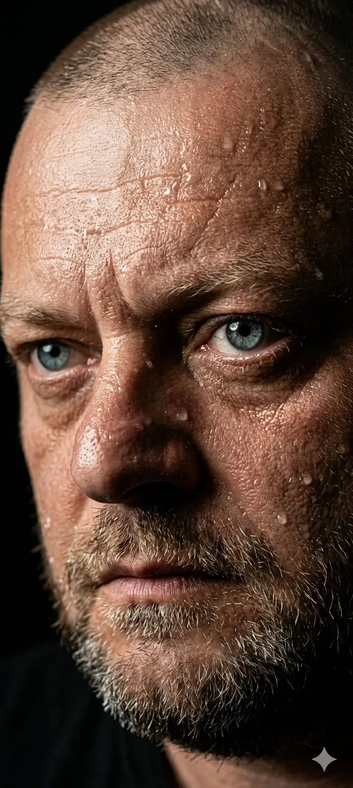 Ultra-realistic 8K close-up portrait of a rugged man with wet skin glistening under dramatic cinematic lighting. Intense focus on one eye with sharp blue iris detail, wet strands of hair falling across the face, moisture droplets illuminated by warm orange and golden highlights. Strong texture of skin and beard captured with extreme clarity, high contrast between light and shadow, evoking a powerful and dramatic atmosphere. Hyper-detailed, photorealistic, cinematic style."
