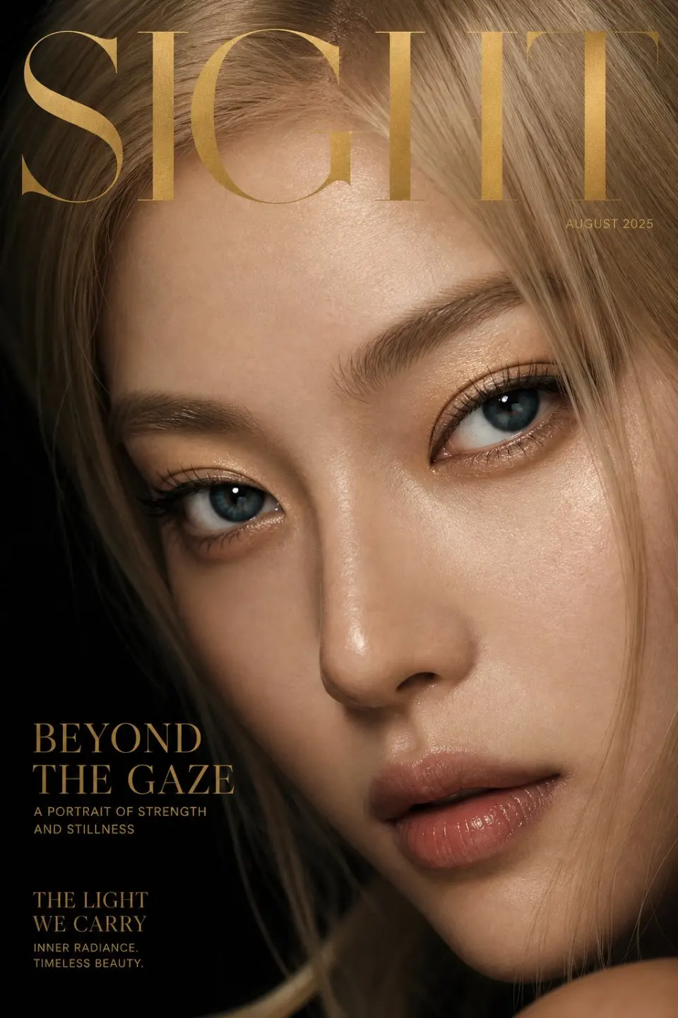 Luxury extreme close-up portrait, magazine cover style, title "SIGHT",
featuring an elegant asian woman with calm and powerful gaze,
extreme close-up framing, face fills the frame,
focus on eyes and skin texture,
slightly cropped composition for tension,
ultra realistic skin texture, visible pores, natural glow,
sharp eyes with catchlight, subtle glossy lips,
cinematic beauty lighting, soft diffused key light,
controlled highlights, soft shadows,
dark background, black and gold tone, cinematic luxury mood,
minimal styling, clean high-fashion makeup,
elegant serif typography, modern magazine layout,
macro lens detail, shallow depth of field,
photorealistic, ultra high resolution, glossy finish, 8k
--ar 2:3 --v 6 --style raw