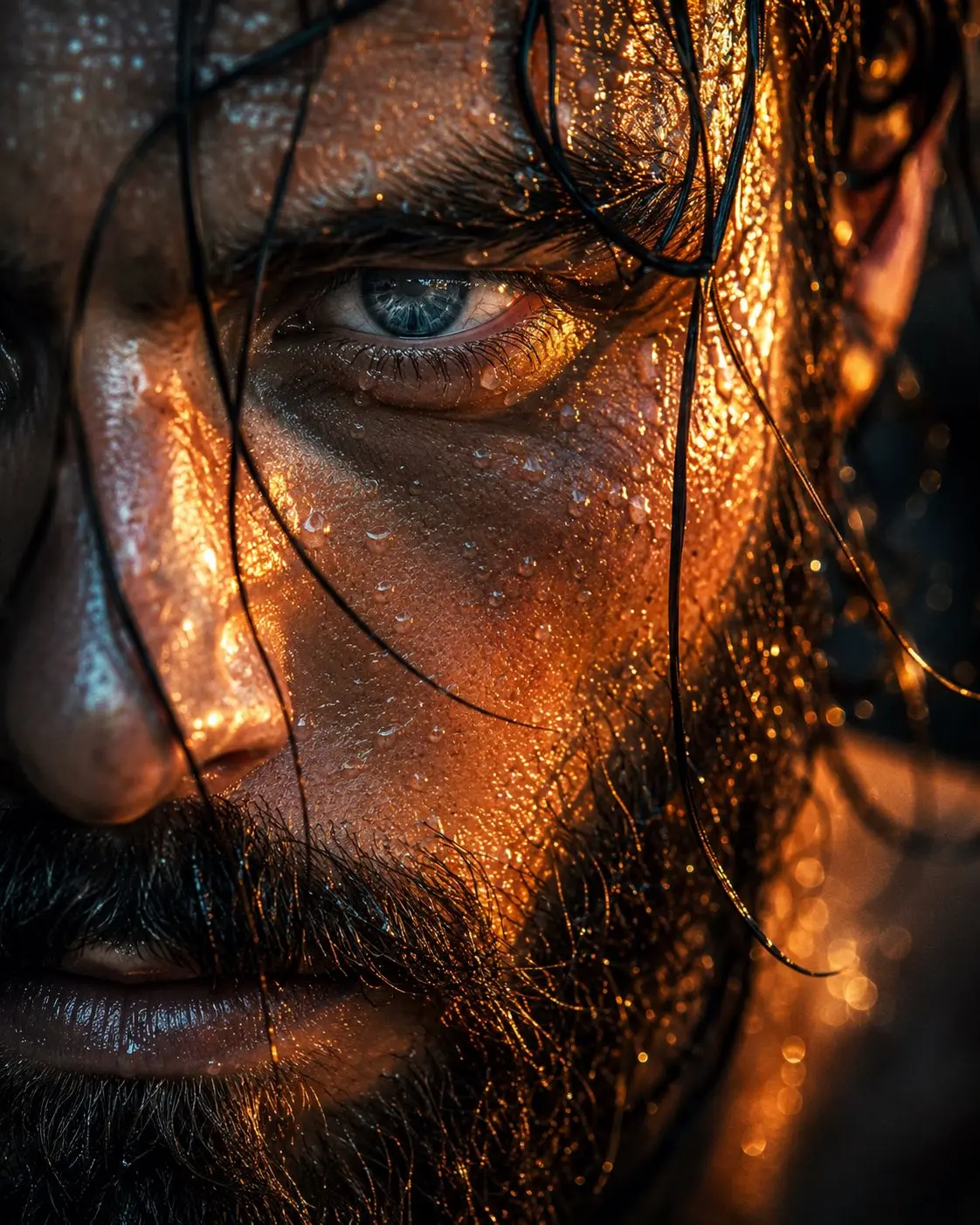 Ultra-realistic 8K close-up portrait of a rugged man with wet skin glistening under dramatic cinematic lighting. Intense focus on one eye with sharp blue iris detail, wet strands of hair falling across the face, moisture droplets illuminated by warm orange and golden highlights. Strong texture of skin and beard captured with extreme clarity, high contrast between light and shadow, evoking a powerful and dramatic atmosphere. Hyper-detailed, photorealistic, cinematic style."

