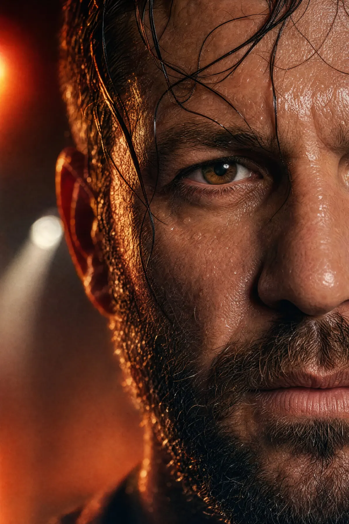 Ultra-realistic 8K close-up portrait of a rugged man with wet skin glistening under dramatic cinematic lighting. Intense focus on one eye with sharp blue iris detail, wet strands of hair falling across the face, moisture droplets illuminated by warm orange and golden highlights. Strong texture of skin and beard captured with extreme clarity, high contrast between light and shadow, evoking a powerful and dramatic atmosphere. Hyper-detailed, photorealistic, cinematic style."
