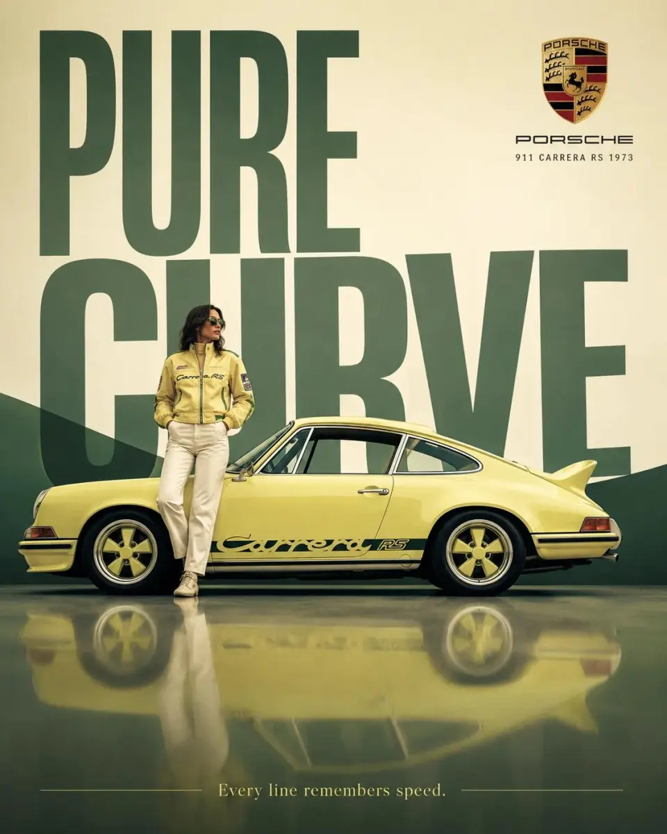 High-end surreal automotive advertising poster for [BRAND] [CAR MODEL], iconic vintage car shown in clean side profile, a stylish [CHARACTER] standing confidently on the side, minimalist studio environment with glossy floor reflection, giant oversized background typography reading "[TITLE]", official-style [BRAND LOGO] placed cleanly in the top corner, elegant small tagline at bottom reading "[TAGLINE]", refined editorial layout, bold color palette dominated by [COLORS], premium magazine advertisement aesthetic, cinematic studio lighting, sharp car details, strong negative space, clean composition, surreal but believable, no black and white, vertical poster format