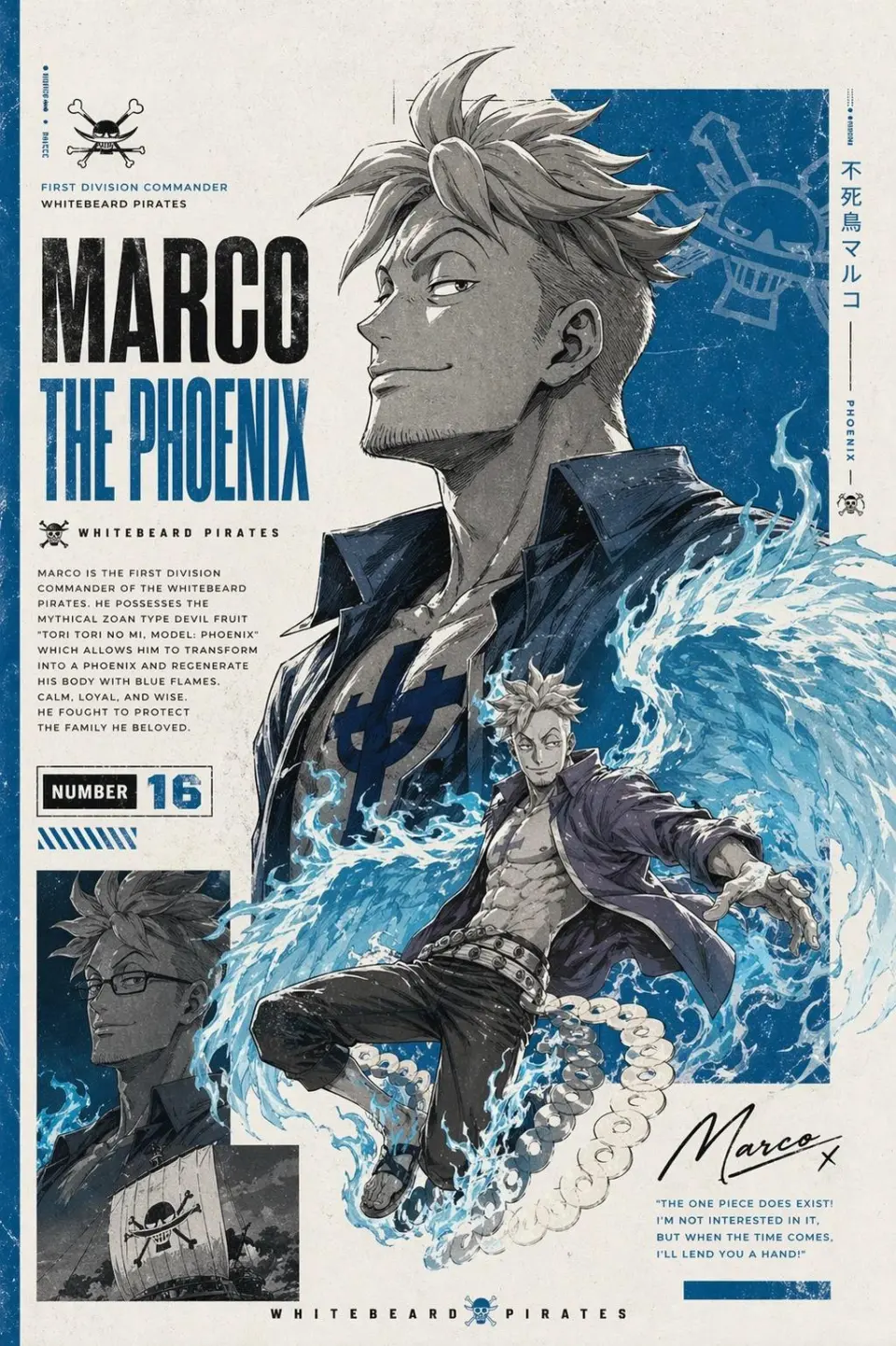 Epic anime character poster design inspired by classic manga cover layouts, featuring a powerful pirate warrior in dynamic pose, highly detailed ink-style illustration, bold typography with large character name, Japanese vertical text elements, monochrome textured shading with strong accent color theme (red, blue, or orange), layered collage composition with close-up portrait, action pose, small cinematic panels, pirate crew symbols and emblems, distressed paper texture, gritty manga aesthetic, dramatic lighting, sharp line art, intense facial expression, dynamic energy effects like flames, smoke, haki aura or water splashes, collectible anime poster style, editorial graphic layout, high contrast black-and-white tones with selective color highlights, ultra detailed, masterpiece quality, vertical poster composition, modern manga art style, vintage print grain, anime promotional artwork.
