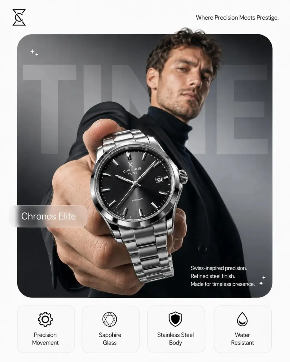 Create a photorealistic premium product campaign poster in a 4:5 vertical aspect ratio.

Product: [PRODUCT NAME]
Brand style: [BRAND / PREMIUM / LUXURY / TECH / BEAUTY / FOOD / DRINK]
Main subject: A confident model holding or presenting the product close to the camera, with the product in sharp focus and the model slightly behind it. Use a strong perspective angle so the product feels powerful, premium, and hero-like.

Background:
Use a clean studio background with a large rounded rectangle panel behind the subject. The panel color should match the product theme: [COLOR THEME]. Add subtle oversized typography or abstract product-related shapes in the background, softly blended and partially hidden behind the subject.

Lighting:
Cinematic softbox lighting, realistic shadows, premium commercial photography, glossy highlights on the product, clean reflections, sharp details, high-end advertising look.

Composition:
Top-left: small minimalist brand logo placeholder.
Top-right: short tagline: “[TAGLINE]”
Middle-left: small glassmorphism label with product name: “[PRODUCT NAME]”
Bottom-right: short product description:
“[ONE-LINE BENEFIT 1]
[ONE-LINE BENEFIT 2]
[ONE-LINE BENEFIT 3]”

Bottom section:
Add four clean feature cards with minimal black icons and short labels:
1. [FEATURE 1]
2. [FEATURE 2]
3. [FEATURE 3]
4. [FEATURE 4]

Style:
Premium campaign poster, realistic product photography, minimalistic layout, modern typography, clean negative space, luxury branding, high detail, cinematic advertising, professional commercial poster, ultra-realistic, sharp focus, elegant shadows.

Avoid:
messy text, extra logos, distorted product, wrong spelling, low-quality graphics, cartoon style, over-saturated colors.