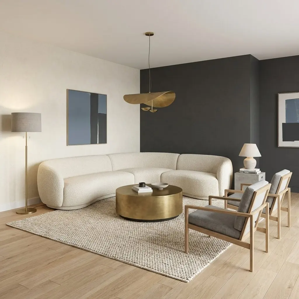 Using the furniture, materials, and color scheme I provided, design a living room and output a render.