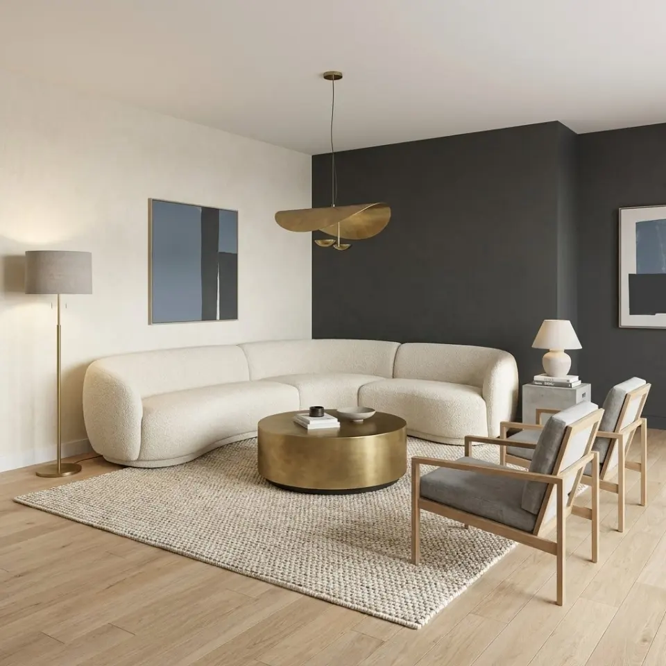 Using the furniture, materials, and color scheme I provided, design a living room and output a render.