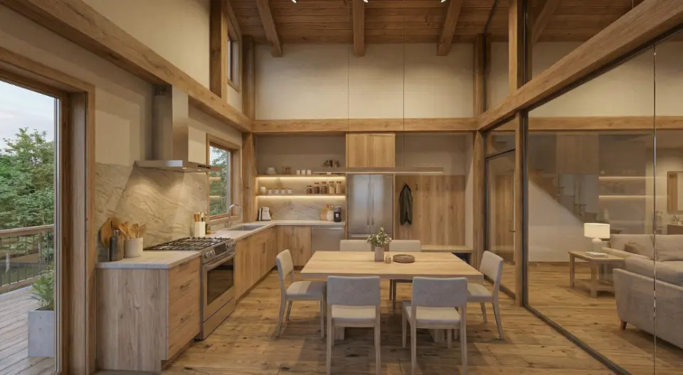 Ultra-realistic interior render of a small modern wooden cabin kitchen, viewed from kitchen entry area, looking towards the sink side as indicated in the floor plan.
The layout and furniture placement must match the floor plan precisely