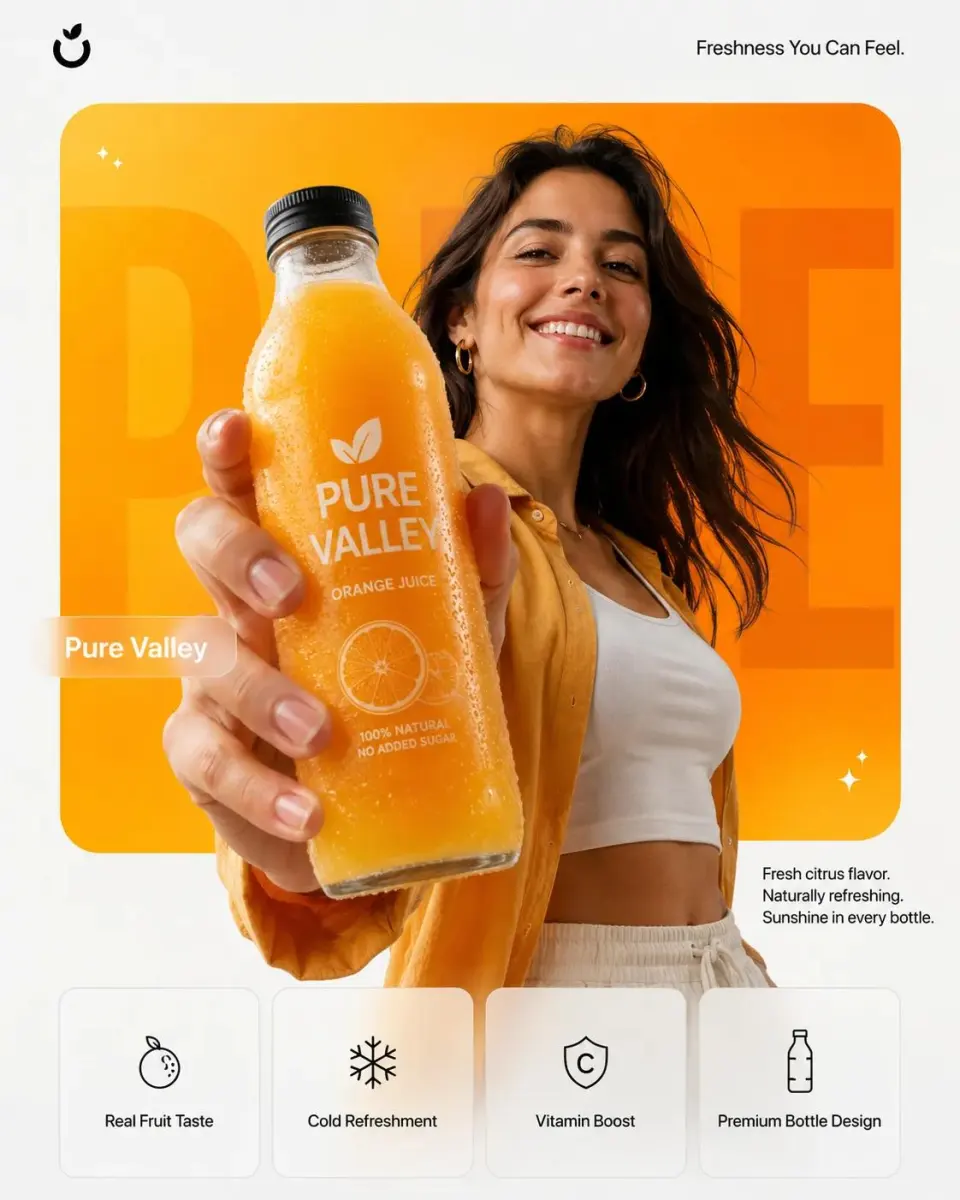 Create a photorealistic premium product campaign poster in a 4:5 vertical aspect ratio.

Product: [PRODUCT NAME]
Brand style: [BRAND / PREMIUM / LUXURY / TECH / BEAUTY / FOOD / DRINK]
Main subject: A confident model holding or presenting the product close to the camera, with the product in sharp focus and the model slightly behind it. Use a strong perspective angle so the product feels powerful, premium, and hero-like.

Background:
Use a clean studio background with a large rounded rectangle panel behind the subject. The panel color should match the product theme: [COLOR THEME]. Add subtle oversized typography or abstract product-related shapes in the background, softly blended and partially hidden behind the subject.

Lighting:
Cinematic softbox lighting, realistic shadows, premium commercial photography, glossy highlights on the product, clean reflections, sharp details, high-end advertising look.

Composition:
Top-left: small minimalist brand logo placeholder.
Top-right: short tagline: “[TAGLINE]”
Middle-left: small glassmorphism label with product name: “[PRODUCT NAME]”
Bottom-right: short product description:
“[ONE-LINE BENEFIT 1]
[ONE-LINE BENEFIT 2]
[ONE-LINE BENEFIT 3]”

Bottom section:
Add four clean feature cards with minimal black icons and short labels:
1. [FEATURE 1]
2. [FEATURE 2]
3. [FEATURE 3]
4. [FEATURE 4]

Style:
Premium campaign poster, realistic product photography, minimalistic layout, modern typography, clean negative space, luxury branding, high detail, cinematic advertising, professional commercial poster, ultra-realistic, sharp focus, elegant shadows.

Avoid:
messy text, extra logos, distorted product, wrong spelling, low-quality graphics, cartoon style, over-saturated colors.