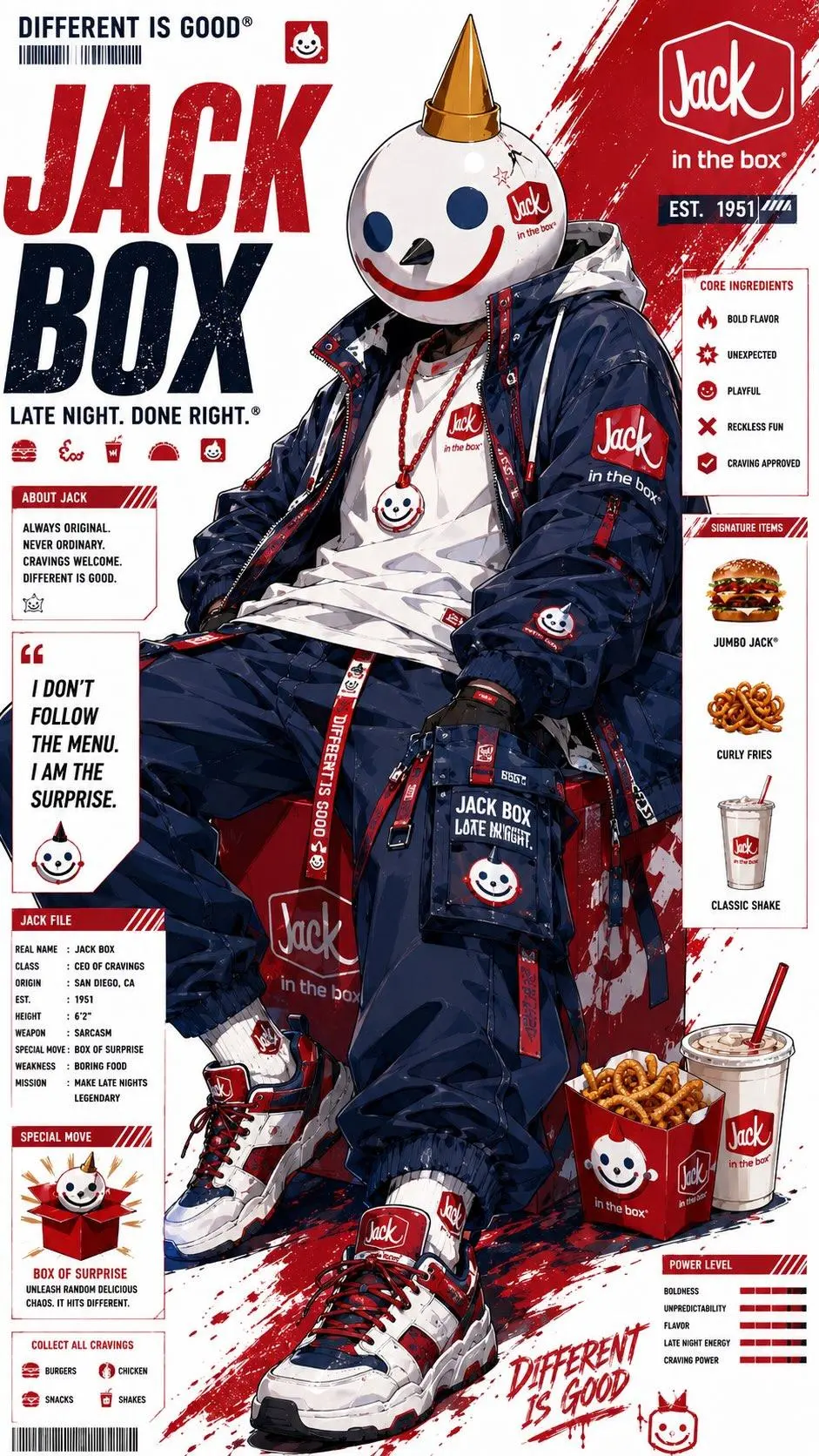 Stylized anime streetwear brand poster of a fast-food mascot character, full-body dynamic pose, highly detailed manga/anime illustration, modern urban fashion outfit inspired by the restaurant brand colors and identity, oversized hoodie, tactical straps, sneakers, chains, branded accessories, holding signature food item, bold graphic typography, editorial magazine layout, Japanese text elements, logos, promotional stickers, menu-style side panels, grunge textures, paint splashes, distressed paper background, collectible poster aesthetic, cyber street fashion meets commercial advertising, vibrant red/orange/black/white color palette, dramatic lighting, ultra detailed line art, cel-shaded anime rendering, energetic composition, high contrast, trendy hypebeast vibe, futuristic fast-food campaign art, iconic mascot redesign, layered collage graphics, branding everywhere on clothing and background, premium anime poster quality, vertical composition, sharp shadows, dynamic perspective, stylish and playful attitude.