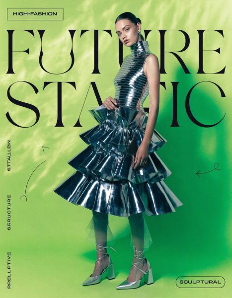 High-fashion editorial poster featuring a European woman in a strong static pose, wearing a sculptural silver dress and minimal heels. Rich saturated lime green background with soft texture. Large elegant typography in deep black reads “FUTURE STATIC”, combined with a few secondary words in contrasting layout blocks. Clean composition with 1–2 playful sticker elements (simple shapes, arrows). Strong lighting, high contrast, premium fashion aesthetic.
