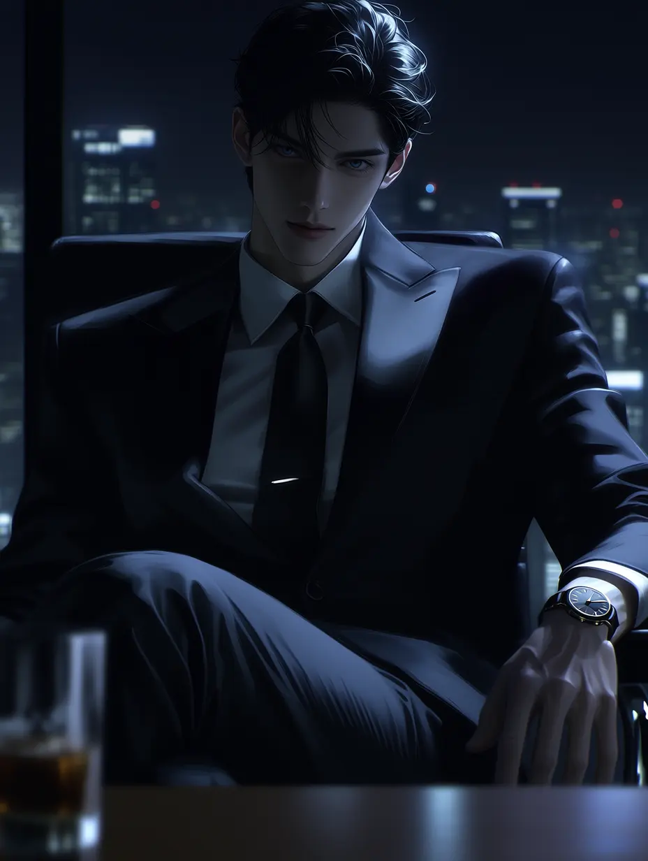 ultra handsome man, pitch black hair, piercing deep blue eyes, sharp jawline, lean muscular build, wearing a perfectly tailored black suit and black tie, mafia boss aura, CEO presence, sitting in a dark luxury office, low lighting, cinematic shadows, city skyline at night behind him, intense gaze, confident posture, expensive watch, glass of whiskey on desk, photorealistic, hyper-detailed skin, 8k, dramatic lighting, moody atmosphere, depth of field --stylize 400 --niji 7