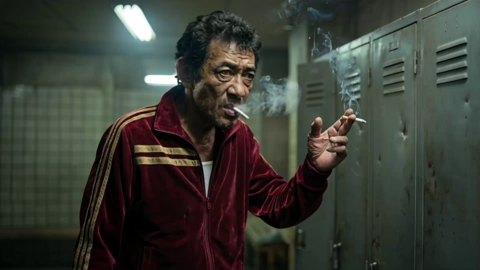 [00:00 - 00:02] Medium shot:

@Goro, gestures emphatically with a lit cigarette walking towards a locker, smoke curling around his hand as he punctuates each beat of his point. Audio: The faint, organic crackle of the cigarette tip under his words.

[00:02 - 00:04] Close-up:

@Goro weathered face fills the frame—eyes wide, intensity sharpened, jaw working as he speaks like he's carving the truth into the air. Audio: Cigarette crackle continues; room tone low and tight.

[00:04 - 00:06] Cutaway: 

@Kaiko, a young woman with a blonde buzzcut and a scar on her eyebrow, looks down at her athletic-taped hands—stoic, absorbing, refusing to react. Audio: Crackle softens slightly; her breath is barely audible.

[00:06 - 00:08] Close-up: Goro's mouth forms the word “pop”—a small puff of white smoke escapes on the consonant. Audio: A tiny smoke-breath exhale overlays the cigarette's crackle.

[00:08 - 00:10] Medium shot:

@Goro leans his back against a row of dented industrial metal lockers, crossing his arms while still holding the cigarette—settling into authority, like the room belongs to him.— Goro:“You opened it—pop—and heat hit your face. Now? Wax paper. Burger sweats, gets soggy. Bun dissolves into meat. Mush of good intentions. No boundary. No definition.”

@Image