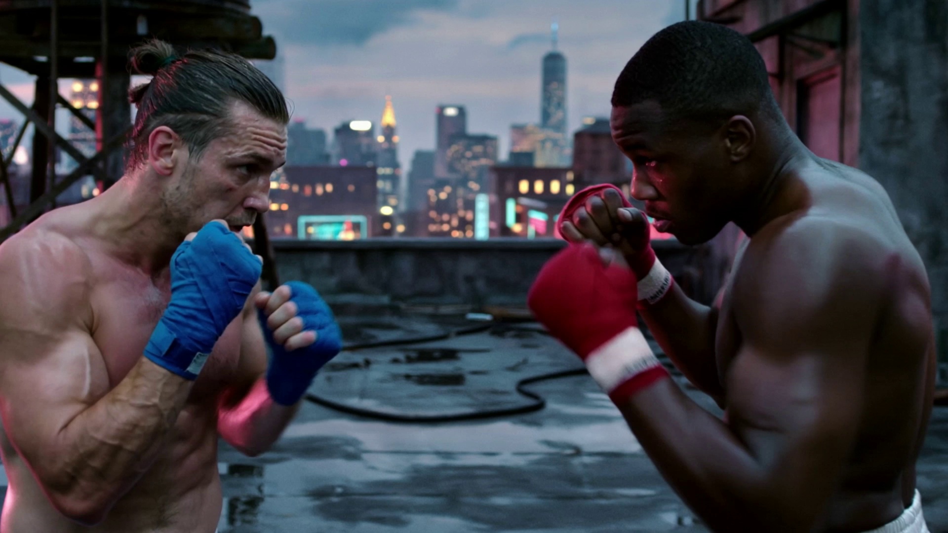 Shot 1 (2s): Wide shot, @Boxer A and @Boxer B face off in the center of the rooftop, feet apart in a boxing stance.

Shot 2 (2s): Both move in, testing each other up close: @Boxer A throws a quick punch, @Boxer B sidesteps and blocks.

Shot 3 (3s): @Boxer A continues the attack, landing a punch on @Boxer B's head, and @Boxer B retaliates.

Shot 4 (4s): Wide shot, the two boxers continue their intense fight.

Shot 5 (2s): A bird's-eye view of the scene shows the two separated and having stopped fighting.