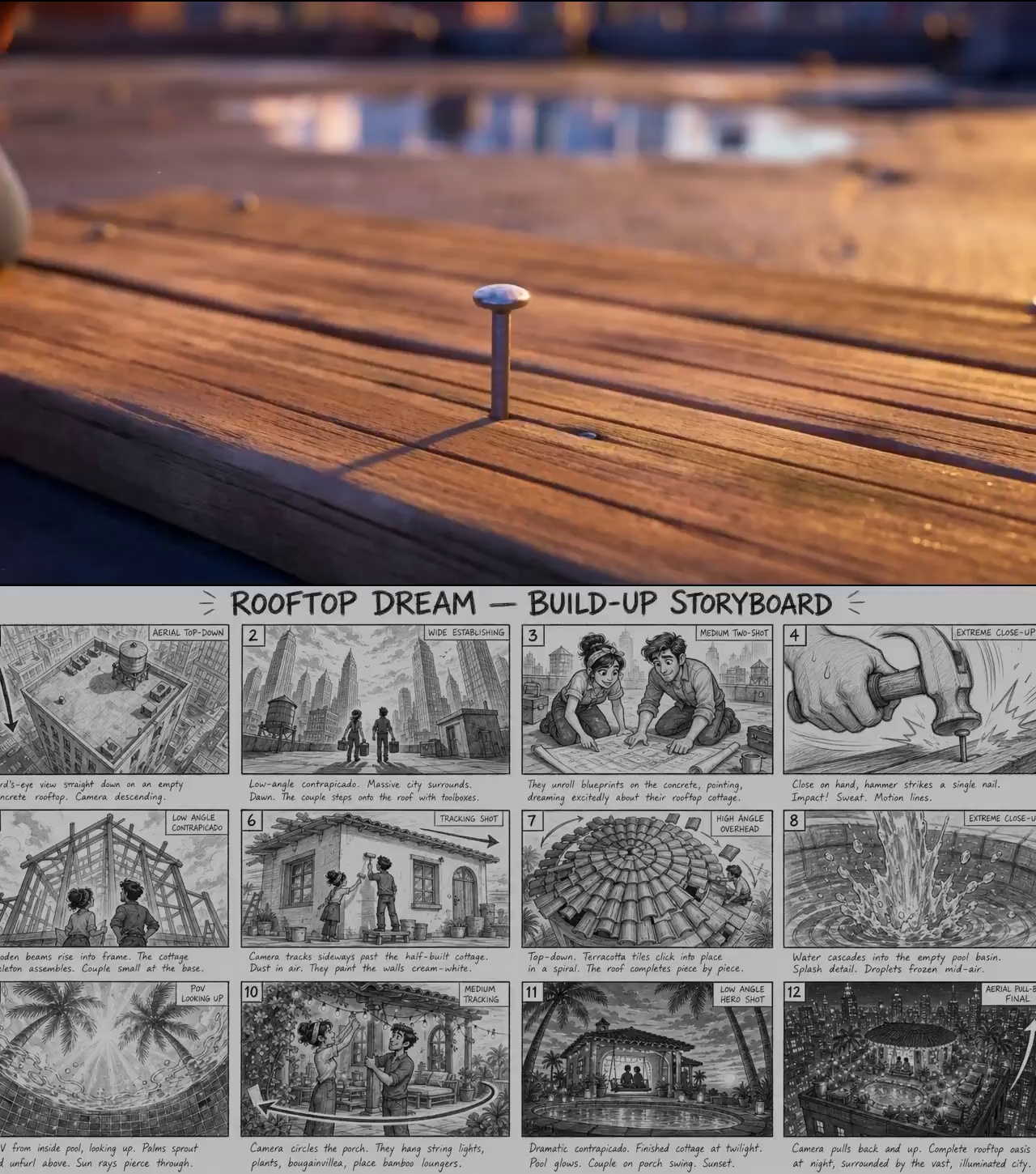 — HOOK (Seedance 2.0, 720p, 16:9, 5s, init image = empty rooftop)Pixar-style 3D animated cinematic ASMR hook. Extreme close-up macro shot of a Pixar-style hand gripping a wooden hammer mid-swing, about to strike a single shiny nail on a fresh wooden plank. Sawdust suspended in golden morning sunlight, motion blur on hammer, shallow depth of field, creamy bokeh. The hammer strikes with satisfying impact — motion lines, impact stars, sawdust burst. Camera rapidly pulls back and rises in a dolly-zoom reveal, exposing the wooden plank, the couple kneeling on the concrete, then the empty rooftop, and finally the massive big-city skyscrapers under a golden sky. Pixar/Disney feature film quality, painterly textures, warm palette, ASMR build-up feel. Up / Coco aesthetic.

PROMPT 2

 — BUILD-UP (Seedance 2.0, 720p, 16:9, 10s, init image = empty rooftop)Pixar-style 3D animated cinematic ASMR construction timelapse on a rooftop high above a big city. Starts on the empty concrete rooftop at golden hour with skyscrapers in the background, weathered concrete, terracotta flower pots. Aerial top-down descends onto the rooftop. Low-angle contrapicado: a young Pixar-style couple (mid-20s) steps in carrying toolboxes and blueprints. Extreme close-up of hands hammering. Wooden beams snap upward into place, cottage frame rises piece by piece. Tracking shot past cream-white walls being painted. Overhead high-angle: terracotta roof tiles spiral into place. Extreme close-up of crystal turquoise water cascading into the pool, slow-motion splash droplets. Lighting transitions from golden morning to warm sunset. Pixar/Disney feature film quality, shallow depth of field, painterly textures, ASMR satisfying feel. Up / Coco / Soul aesthetic.

PROMPT 3 

— NIGHT REVEAL (Seedance 2.0, 720p, 16:9, 5s, init image = finished rooftop at night)Pixar-style 3D animated cinematic final reveal of a cozy rooftop home at night. Cream-white cottage with terracotta roof, glowing amber windows, turquoise pool with underwater lights, lush tropical garden, palm trees, fairy string lights, deep teal night sky with moon, illuminated city skyline bokeh behind. Palm fronds finish unfurling, bougainvillea pops open, fairy lights ignite one by one in warm amber sequence. A young Pixar-style couple appears on the porch swing, hugging warmly. Camera glides low across the glowing turquoise pool, then rises in a final aerial pull-back reveal, exposing the complete cozy rooftop oasis from above — lit cottage, glowing pool, tropical garden, vast illuminated big-city skyline far below with thousands of twinkling windows. Pixar/Disney feature film quality, magical cozy storybook atmosphere, painterly textures. Up / Coco / Soul aesthetic.