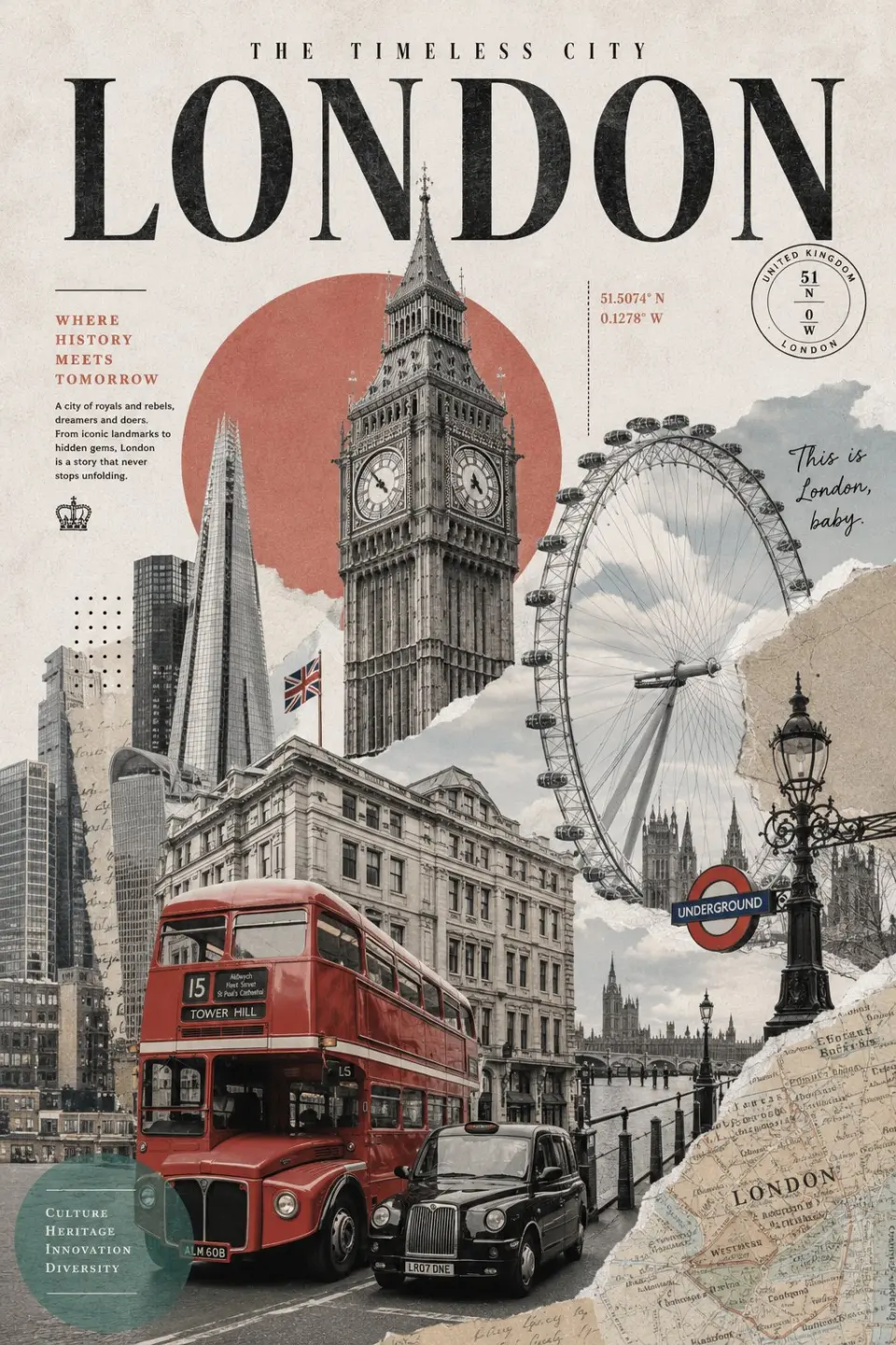 Contemporary retro-inspired travel collage poster, premium editorial destination artwork, refined minimalist tourism graphic, large statement typography across the top, multi-layered photographic collage arrangement, textured off-white paper backdrop, blend of monochrome tones with soft muted colors, abstract geometric circles and torn-paper elements, high-end magazine-inspired aesthetic, cinematic urban panorama, famous landmarks seamlessly merged together, elegant scrapbook-style composition, polished modern layout, metropolitan culture-inspired poster, highly detailed travel montage, luxury print editorial style, visually balanced typography design, realistic architecture photography combined with modern graphic elements, chic vintage-modern poster atmosphere, artistic depth layering, stylish global travel campaign visual, ultra high resolution, 8k detail