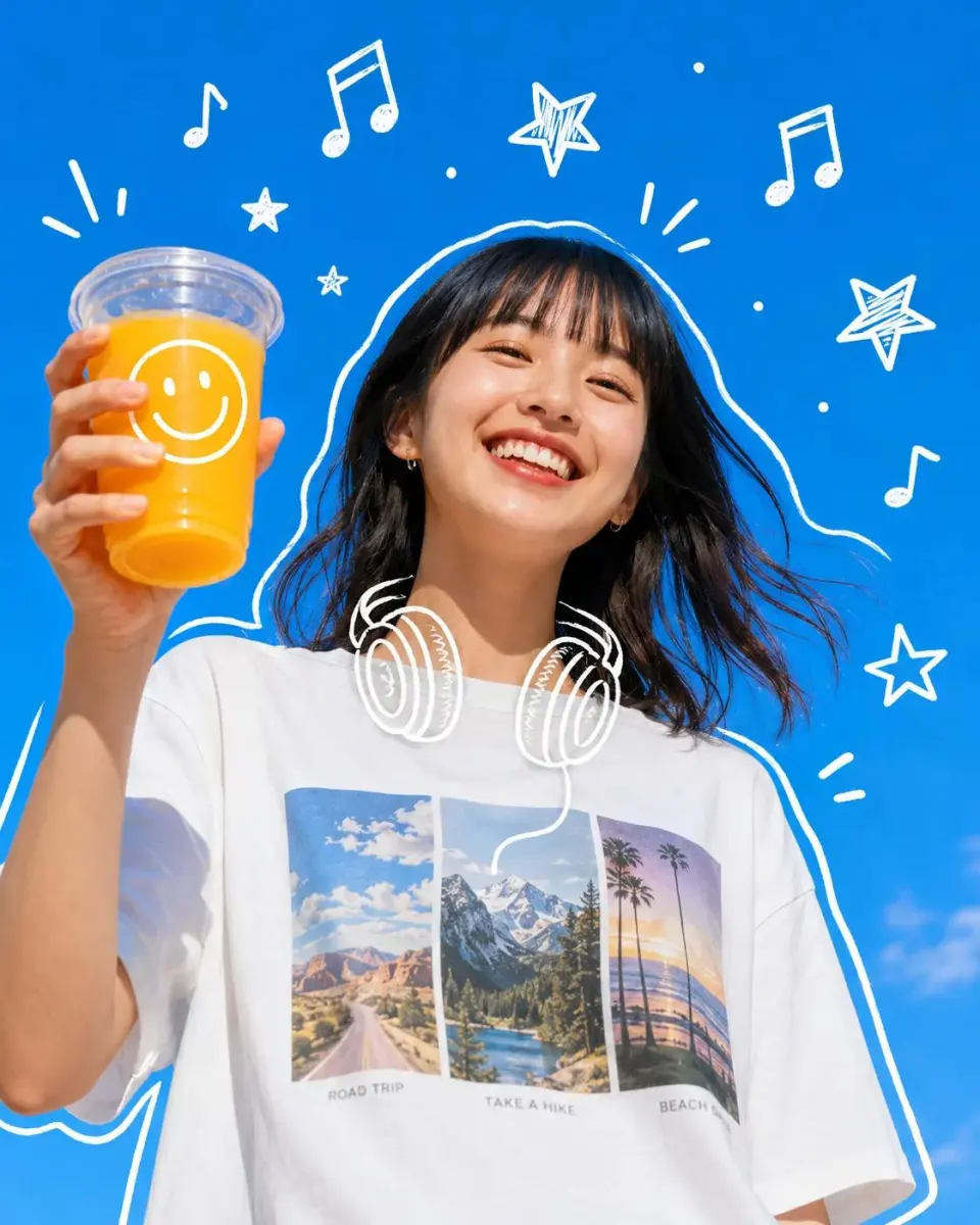 Cute Gen-Z summer photography, cheerful Asian girl posing outdoors under a vivid blue sky with fluffy clouds, holding colorful iced drink or milkshake cup with smiley-face design, playful wide-angle perspective with hand reaching toward camera, bright natural sunlight, soft glowing skin, candid happy expression, trendy casual fashion, oversized vintage graphic t-shirt, denim shorts, tote bag, messy bun hairstyle with loose strands blowing in the wind, vibrant summer aesthetic.
White hand-drawn doodles surrounding the subject, sketch-style outlines around body, floating stars, hearts, music notes, arrows, smiley faces, handwritten motivational text like “Today is a Good Day!” and “Let’s Go!”, playful camera doodles, sparkles and comic-style accents, scrapbook/journal vibe, dreamy youth aesthetic, energetic and wholesome atmosphere.
Colorful retro diner or beachside background, saturated blue sky, shallow depth of field, cinematic summer tones, kawaii Instagram aesthetic, lifestyle fashion photography mixed with doodle art, ultra detailed, realistic photography with illustrated overlay elements, trendy Pinterest moodboard style, nostalgic Y2K summer vibes, bright vibrant colors, dynamic composition, high exposure sunlight, soft lens glow, youthful travel diary energy, aesthetic social media campaign look, 8k ultra realistic.
Style keywords: Korean lifestyle photography, doodle overlay aesthetic, kawaii summer portrait, Pinterest girl aesthetic, happy youth fashion campaign, sunny retro vibes, playful handwritten sketches, cheerful candid photography, dreamy Gen-Z editorial, vibrant outdoor portrait, summer vacation mood, cute Instagram aesthetic.
