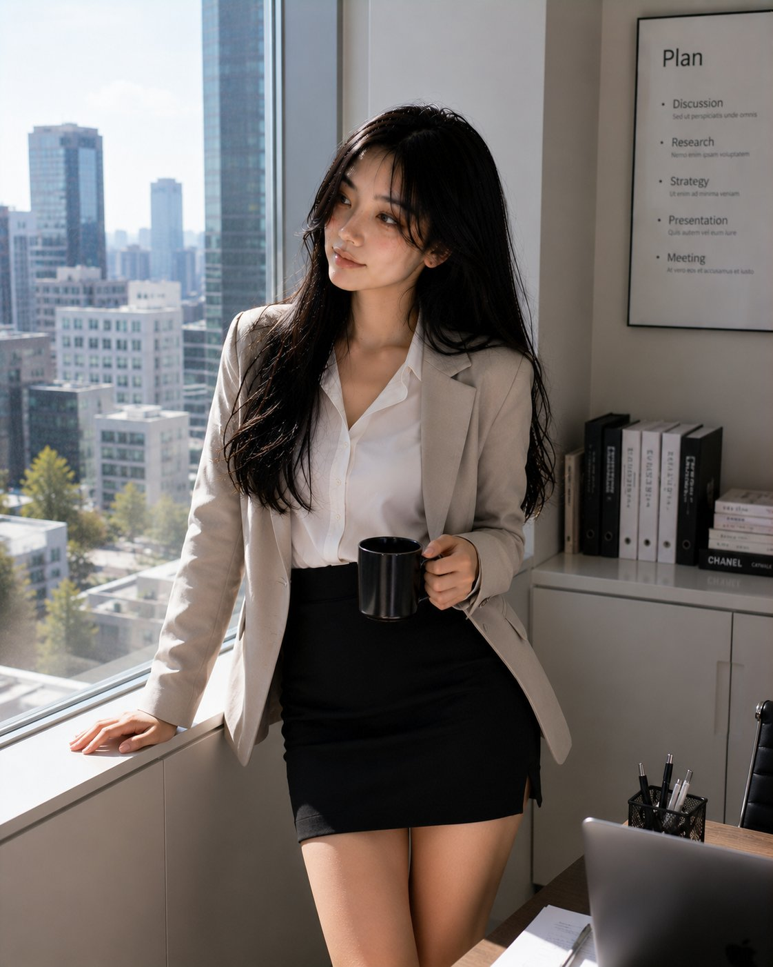 Ultra-realistic portrait of the same beautiful Korean girl from the previous images, maintaining identical facial appearance, silky long black hair, glossy eyes, soft blush makeup, youthful Korean beauty aesthetic, and realistic skin texture consistency.
She is standing beside the large office window inside a modern luxury corporate office during daytime, posing naturally while holding a black coffee mug in one hand and softly looking outside toward the city skyline. Relaxed elegant posture with one hand lightly resting near the window ledge, confident calm expression, modern Korean office fashion aesthetic.
Wearing a fitted beige blazer over a white formal blouse paired with a sleek black mini pencil skirt, stylish professional Korean office outfit. Long silky black hair flowing naturally with soft volume, subtle natural makeup, elegant corporate styling.
Bright natural sunlight streaming through the floor-to-ceiling office windows creates soft cinematic highlights and realistic shadows across the office interior. Modern office setup with sleek desk, laptop, paperwork, bookshelves, office chair, minimal decor, and realistic city buildings visible outside the window.
Luxury Korean drama atmosphere, sophisticated corporate aesthetic, candid office lifestyle vibe, shallow depth of field, cinematic composition, highly detailed, photorealistic office environment, realistic DSLR photography, soft warm glow, editorial fashion photography style, calm productive mood.
