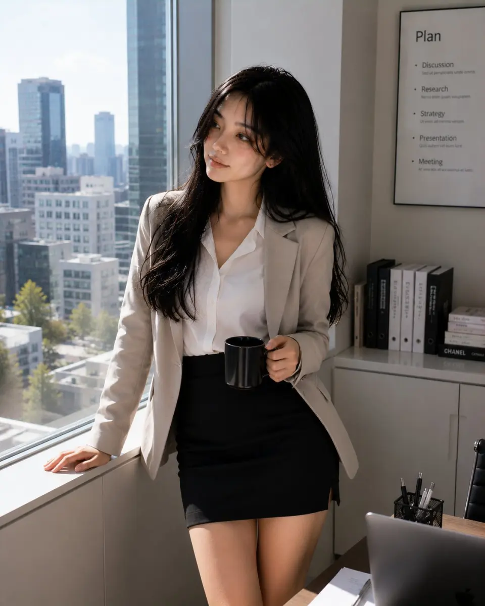Ultra-realistic portrait of the same beautiful Korean girl from the previous images, maintaining identical facial appearance, silky long black hair, glossy eyes, soft blush makeup, youthful Korean beauty aesthetic, and realistic skin texture consistency.
She is standing beside the large office window inside a modern luxury corporate office during daytime, posing naturally while holding a black coffee mug in one hand and softly looking outside toward the city skyline. Relaxed elegant posture with one hand lightly resting near the window ledge, confident calm expression, modern Korean office fashion aesthetic.
Wearing a fitted beige blazer over a white formal blouse paired with a sleek black mini pencil skirt, stylish professional Korean office outfit. Long silky black hair flowing naturally with soft volume, subtle natural makeup, elegant corporate styling.
Bright natural sunlight streaming through the floor-to-ceiling office windows creates soft cinematic highlights and realistic shadows across the office interior. Modern office setup with sleek desk, laptop, paperwork, bookshelves, office chair, minimal decor, and realistic city buildings visible outside the window.
Luxury Korean drama atmosphere, sophisticated corporate aesthetic, candid office lifestyle vibe, shallow depth of field, cinematic composition, highly detailed, photorealistic office environment, realistic DSLR photography, soft warm glow, editorial fashion photography style, calm productive mood.