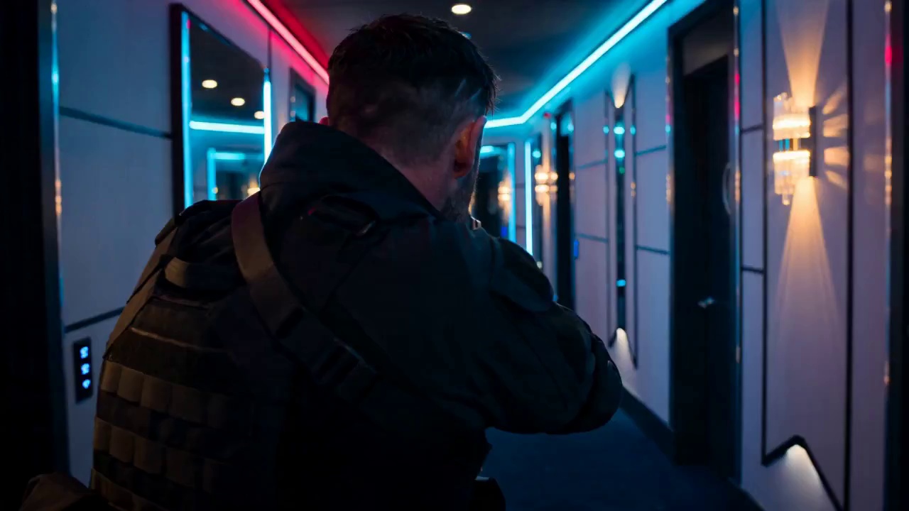 A lone undercover agent in a black tactical suit, bruised face, intense focused eyes, breathing heavily while gripping a pistol with trembling precision
Walks slowly through a luxury hotel corridor as enemies emerge from every room, instantly transitioning into brutal close-quarters combat with fluid gun-fu choreography, smashing through glass walls and exchanging point-blank shots while explosions erupt behind him
Neon-lit luxury hotel interior with shattered mirrors, flickering lights, smoke and debris covering the floor
Starts with slow cinematic push-in from behind, subtle handheld tension, sudden whip pan into first gunshot, continuous tracking shot weaving through combat, crash zooms on impacts, orbit shot during slow-motion glass explosion, muzzle flashes illuminating the corridor, debris and sparks flooding the lens, ending with the agent standing alone in the destroyed hallway while sprinklers rain down over burning wreckage, camera slowly pulling back as silence replaces chaos