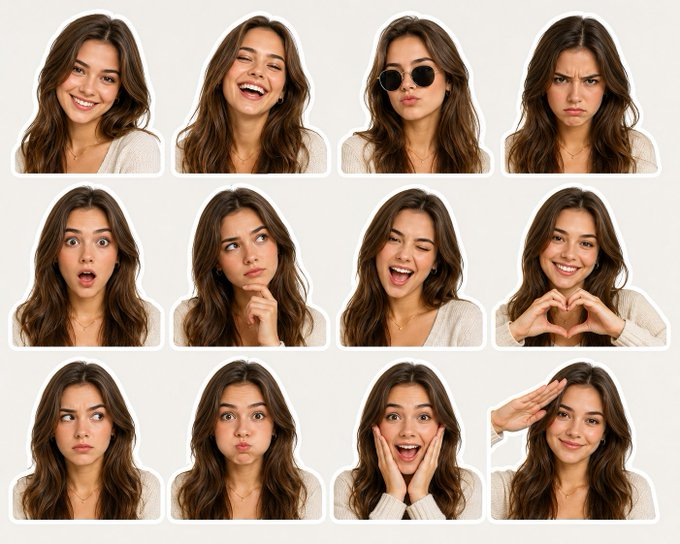 A high-quality sticker pack featuring a young beautiful English woman with long soft brown hair, flawless glowing skin, and attractive facial features, shown in 12 different facial expressions and emotions. Arranged in a clean 4x3 grid on a light neutral beige background. Each portrait is cropped around the shoulders and surrounded by a thick white die-cut sticker border. Expressions include: friendly smile, laughing joyfully, cool pose with black sunglasses, angry frowning face, shocked expression with wide eyes and open mouth, thoughtful thinking pose with hand on chin, playful wink, heart hands gesture, suspicious sideways glance, puffed cheeks, excited surprise with hands on face, and casual salute. Consistent character appearance across all stickers. Realistic digital photography style, ultra-detailed skin and hair texture, soft studio lighting, vibrant natural colors, trendy social media emoji/sticker aesthetic, centered composition, high resolution, clean minimal layout, premium sticker sheet design, photorealistic, cute and expressive.