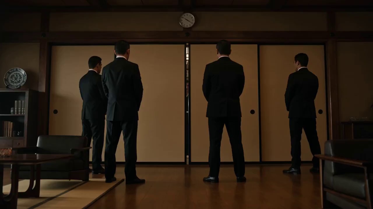[GLOBAL SETUP]
Cinematic dark yakuza action in the style of Takeshi Kitano. Shot on ARRI ALEXA Mini.
Low warm tungsten lighting, cold shadows, restrained framing, sudden brutal violence.
Photorealistic, 35mm film quality, professional color grading.
@img1
 moves via instant spatial displacement — no wind-up, no visible travel,
no transition between positions. Each attack begins at the exact moment of reappearance.
Motion blur ghost left at every departure point.
The yakuza swordsman: 
@img1
 — Japanese adult male, dark elegant layered yakuza
clothing, black shirt, katana, calm lethal expression.
The elderly boss: Japanese yakuza leader in his 60s, traditional dark kimono,
seated at far end of room, composed and authoritative.
Six Japanese yakuza guards in dark suits positioned between 
@img1
 and the boss.
Location: luxury yakuza office — polished wood floors, smoke haze, low warm lamps.

[TIMELINE]
[0:00–0:04] LOW ANGLE WIDE SHOT — Office doors slide open. 
@img1
 enters alone.
Six Japanese yakuza guards turn toward him. The elderly Japanese boss
remains seated and still in the background.
Slow forward tracking. Tense silence.
SFX: sliding wooden doors, quiet footsteps on polished floor,
faint ambient room tone.

[0:04–0:09] HANDHELD MEDIUM SHOT — Guards rush 
@img1
 from multiple angles.
@img1
 vanishes in a single frame — no transition — reappears
instantly beside the first guard, katana already mid-strike.
Motion blur ghost left at departure point.
Vanishes again — reappears behind second guard, clean slash
across torso before he can react. Repeat blink-strike pattern
across remaining guards. Each reappearance ends in direct impact.
Handheld combat energy. Explosive.
SFX: sharp katana draw, sudden displacement whoosh on each
reappearance, body impact thuds, guards collapsing on wood floor.

[0:09–0:13] LOW ANGLE MEDIUM SHOT — Last guard fires pistol directly at 
@img1
.
@img1
 vanishes in a single frame at the exact moment of the shot —
bullet passes through empty air — reappears instantly
directly behind the guard, katana at his neck.
Single precise finishing strike. Guard collapses forward.
@img1
 keeps walking without pausing. Short forward tracking. Cold.
SFX: pistol shot firing into silence, displacement whoosh,
single clean blade strike, body dropping.

[0:13–0:15] EXTREME CLOSE-UP — 
@img1
 vanishes — reappears instantly
beside the seated elderly Japanese boss, katana pressed
firmly against his neck. No intermediate movement.
Boss tenses, eyes sharp, jaw tight. Static hold. Haunting.
SFX: complete silence. Single slow breath.

[MUSIC]
Score: sparse minimalist Japanese percussion — taiko drum hits on combat
reappearances, low sustained shamisen tone underneath full sequence,
sudden silence on final frame. No orchestral swell. No electronic beat.
Cold, restrained, Kitano-style score throughout.

[QUALITY ANCHOR]
4K, Ultra HD, sharp clarity, cinematic texture, natural colors, no blur,
no ghosting, no flickering, stable picture. Avoid jitter. Avoid bent limbs.
Face stable, no deformation. Natural smooth movements.
No 3D, no cartoon, no VFX glow effects. No blood.