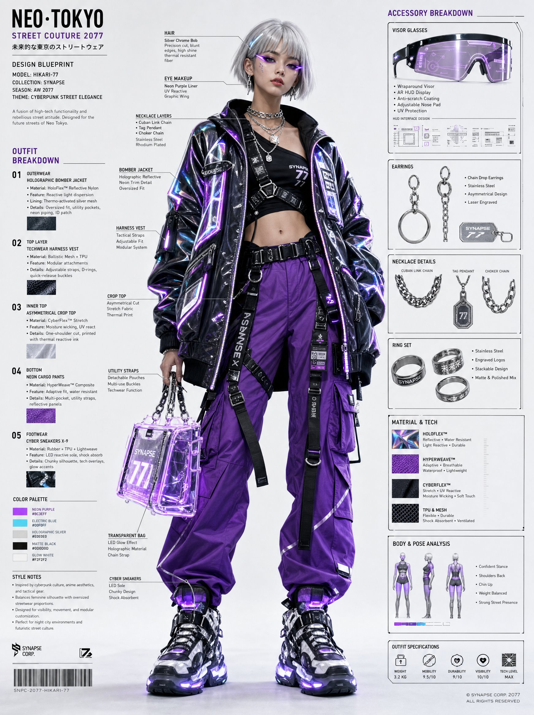 Ultra-detailed fashion blueprint sheet of a futuristic cyberpunk streetwear girl, full-body front view on clean studio background, detailed outfit callouts and labeled annotations pointing toward every clothing piece and accessory. Short silver bob haircut, glowing neon eyeliner, confident facial expression, oversized black holographic bomber jacket with reflective trims, layered silver chains, neon purple cargo pants with utility straps, techwear harness belts, glowing transparent handbag, chunky cyber sneakers.

Surrounding the model are fashion infographic elements, arrows, typography labels, fabric descriptions, accessory breakdowns, material callouts, styling notes, body pose analysis, outfit specifications, close-up sketches of visor glasses and jewelry, futuristic Tokyo streetwear aesthetic, fashion technical sheet style, minimalist editorial layout, cinematic studio lighting, ultra detailed, professional fashion concept presentation, 8k, 1744x2336