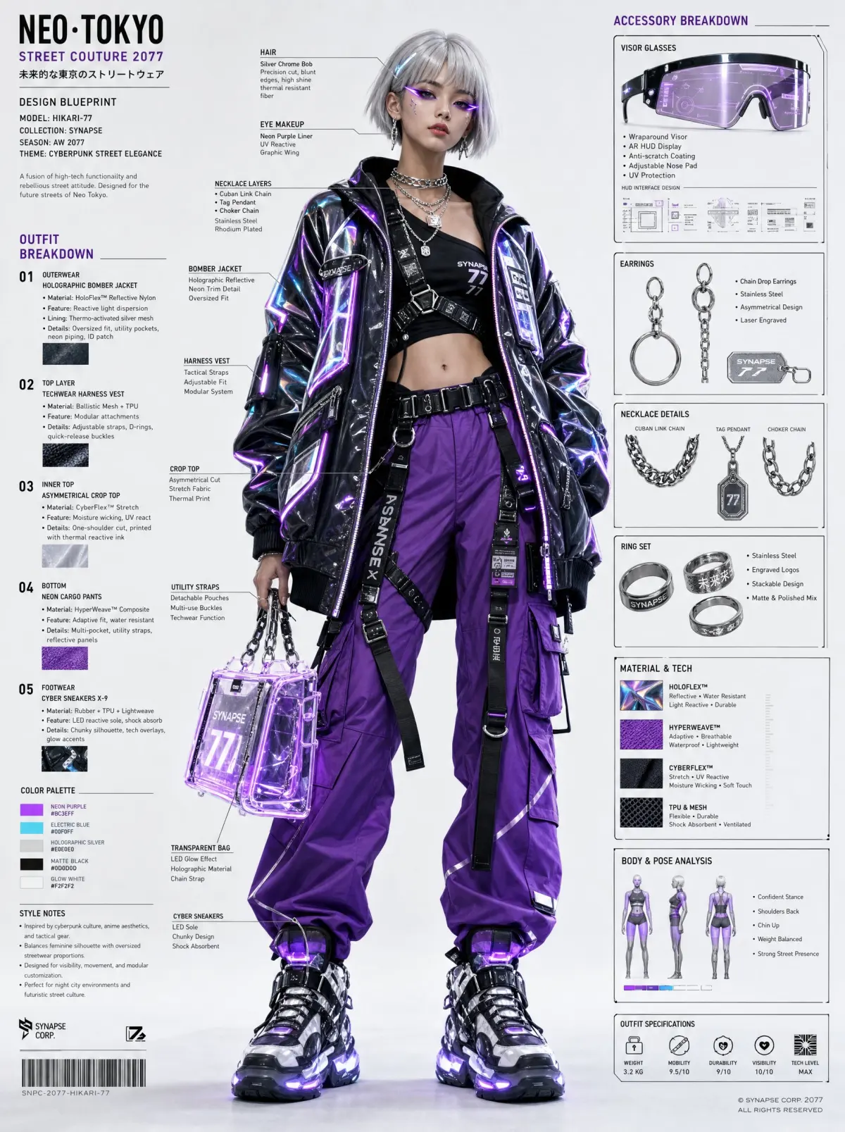 Ultra-detailed fashion blueprint sheet of a futuristic cyberpunk streetwear girl, full-body front view on clean studio background, detailed outfit callouts and labeled annotations pointing toward every clothing piece and accessory. Short silver bob haircut, glowing neon eyeliner, confident facial expression, oversized black holographic bomber jacket with reflective trims, layered silver chains, neon purple cargo pants with utility straps, techwear harness belts, glowing transparent handbag, chunky cyber sneakers.

Surrounding the model are fashion infographic elements, arrows, typography labels, fabric descriptions, accessory breakdowns, material callouts, styling notes, body pose analysis, outfit specifications, close-up sketches of visor glasses and jewelry, futuristic Tokyo streetwear aesthetic, fashion technical sheet style, minimalist editorial layout, cinematic studio lighting, ultra detailed, professional fashion concept presentation, 8k, 1744x2336