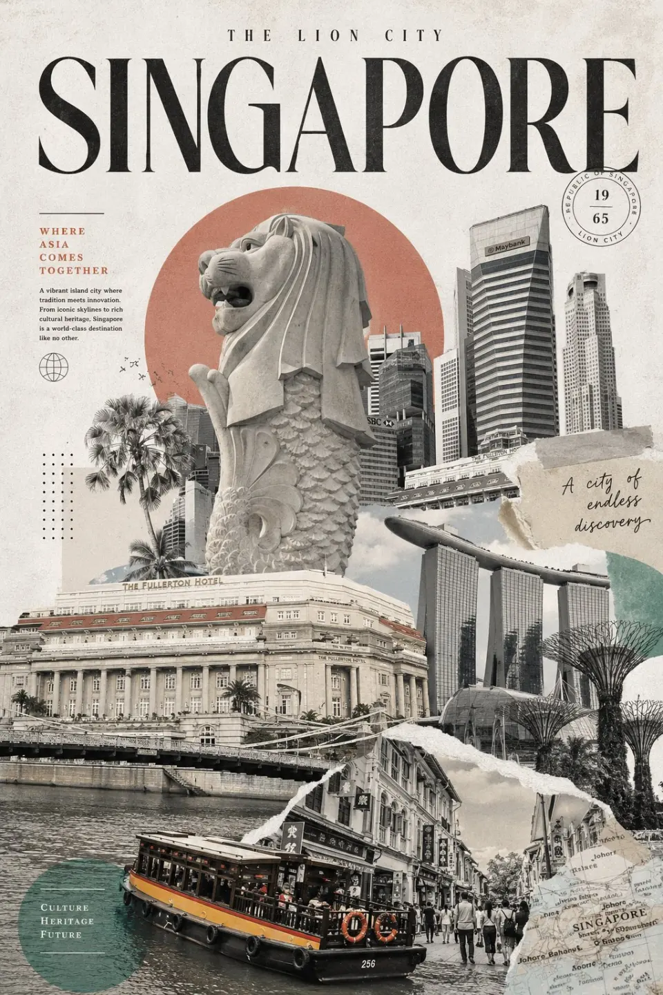 Contemporary retro-inspired travel collage poster, premium editorial destination artwork, refined minimalist tourism graphic, large statement typography across the top, multi-layered photographic collage arrangement, textured off-white paper backdrop, blend of monochrome tones with soft muted colors, abstract geometric circles and torn-paper elements, high-end magazine-inspired aesthetic, cinematic urban panorama, famous landmarks seamlessly merged together, elegant scrapbook-style composition, polished modern layout, metropolitan culture-inspired poster, highly detailed travel montage, luxury print editorial style, visually balanced typography design, realistic architecture photography combined with modern graphic elements, chic vintage-modern poster atmosphere, artistic depth layering, stylish global travel campaign visual, ultra high resolution, 8k detail