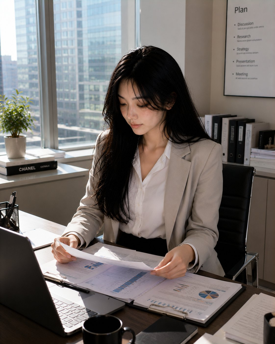 Ultra-realistic portrait of the same beautiful Korean girl from the previous images, maintaining identical facial appearance, silky long black hair, glossy eyes, soft blush makeup, youthful Korean beauty aesthetic, and realistic skin texture consistency.
She is standing beside the large office window inside a modern luxury corporate office during daytime, posing naturally while holding a black coffee mug in one hand and softly looking outside toward the city skyline. Relaxed elegant posture with one hand lightly resting near the window ledge, confident calm expression, modern Korean office fashion aesthetic.
Wearing a fitted beige blazer over a white formal blouse paired with a sleek black mini pencil skirt, stylish professional Korean office outfit. Long silky black hair flowing naturally with soft volume, subtle natural makeup, elegant corporate styling.
Bright natural sunlight streaming through the floor-to-ceiling office windows creates soft cinematic highlights and realistic shadows across the office interior. Modern office setup with sleek desk, laptop, paperwork, bookshelves, office chair, minimal decor, and realistic city buildings visible outside the window.
Luxury Korean drama atmosphere, sophisticated corporate aesthetic, candid office lifestyle vibe, shallow depth of field, cinematic composition, highly detailed, photorealistic office environment, realistic DSLR photography, soft warm glow, editorial fashion photography style, calm productive mood.